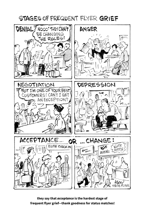 A comic strip depicting the various emotional stages experienced by frequent flyers when dealing with changes in airline policies. The comic is divided into six panels each representing different stages: Denial, Anger, Negotiation, Depression, Acceptance, and Change. Each panel humorously illustrates typical reactions such as a traveler in denial saying, "Nooo! They can't be changing the rules!", and one in anger shaking a fist at an airline counter. The Negotiation panel shows a traveler pleading, "But I'm one of your best customers: can't I get an exception?" In Depression, a person is slumped over a bar. Acceptance shows a resigned traveler at the elite check-in, while Change shows someone happily switching to a different airline offering a status match. The caption humorously comments, "They say that acceptance is the hardest stage of frequent flyer grief—thank goodness for status matches!"