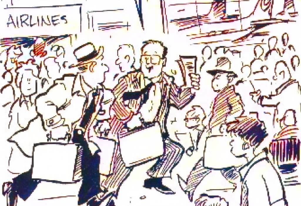 A cartoon illustration depicts a busy airport scene. Several people are shown walking hurriedly, carrying briefcases and wearing business attire. One man in the center is holding a ticket or document in his hand. In the background, there is a sign that reads "AIRLINES," and the area is crowded with other travelers. The overall atmosphere is bustling and chaotic.