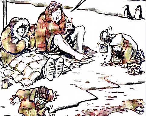 The image is a cartoon illustration depicting four people in a snowy, icy environment. Three of them are sitting on the ground, bundled up in winter clothing. One person is pouring a drink from a thermos, another is holding a cup, and the third is sitting with their hands in their lap. The fourth person is lying on the ground, appearing to have slipped or fallen. In the background, there are two penguins standing on the ice.