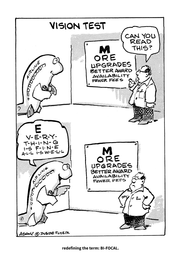 A comic depicting a frequent flyer undergoing a vision test with two charts. The first chart, read by an optimistic airline customer, shows 'MORE UPGRADES, BETTER AWARD AVAILABILITY, FEWER FEES.' The second chart, read by a skeptical frequent flyer, shows 'EVERYTHING IS FINE, ALL IS WELL.' The caption at the bottom humorously redefines the term 'BI-FOCAL.'