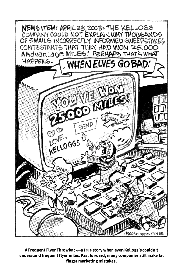 This is a black-and-white cartoon illustration. At the top, there is a news item dated April 28, 2003, stating that the Kellogg Company could not explain why thousands of emails incorrectly informed sweepstakes contestants that they had won 25,000 Advantage Miles. The text suggests that this might be what happens "when elves go bad." The main part of the cartoon shows three elves interacting with a large computer. The computer screen displays a message saying, "YOU'VE WON 25,000 MILES! LOVE, KELLOGGS," with a "SEND" button. One elf is standing on the keyboard, another is climbing the computer, and the third is on the floor. The elves are labeled "SNAP," "CRACKLE," and "POP." Below the cartoon, there is a caption that reads: "A Frequent Flyer Throwback—a true story when even Kellogg's couldn't understand frequent flyer miles. Fast forward, many companies still make fat finger marketing mistakes."