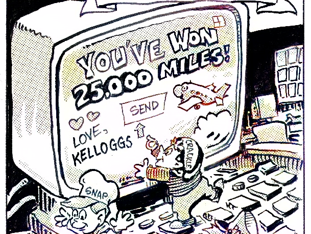 A colorful cartoon image shows a large computer screen with the text "YOU'VE WON 25,000 MILES!" and "LOVE, KELLOGG'S." Below the text is a button labeled "SEND" with an arrow pointing up. An animated character wearing a hat labeled "CRACKLE" is reaching towards the screen, while another character wearing a hat labeled "SNAP" is standing nearby. The background includes various office supplies and equipment.