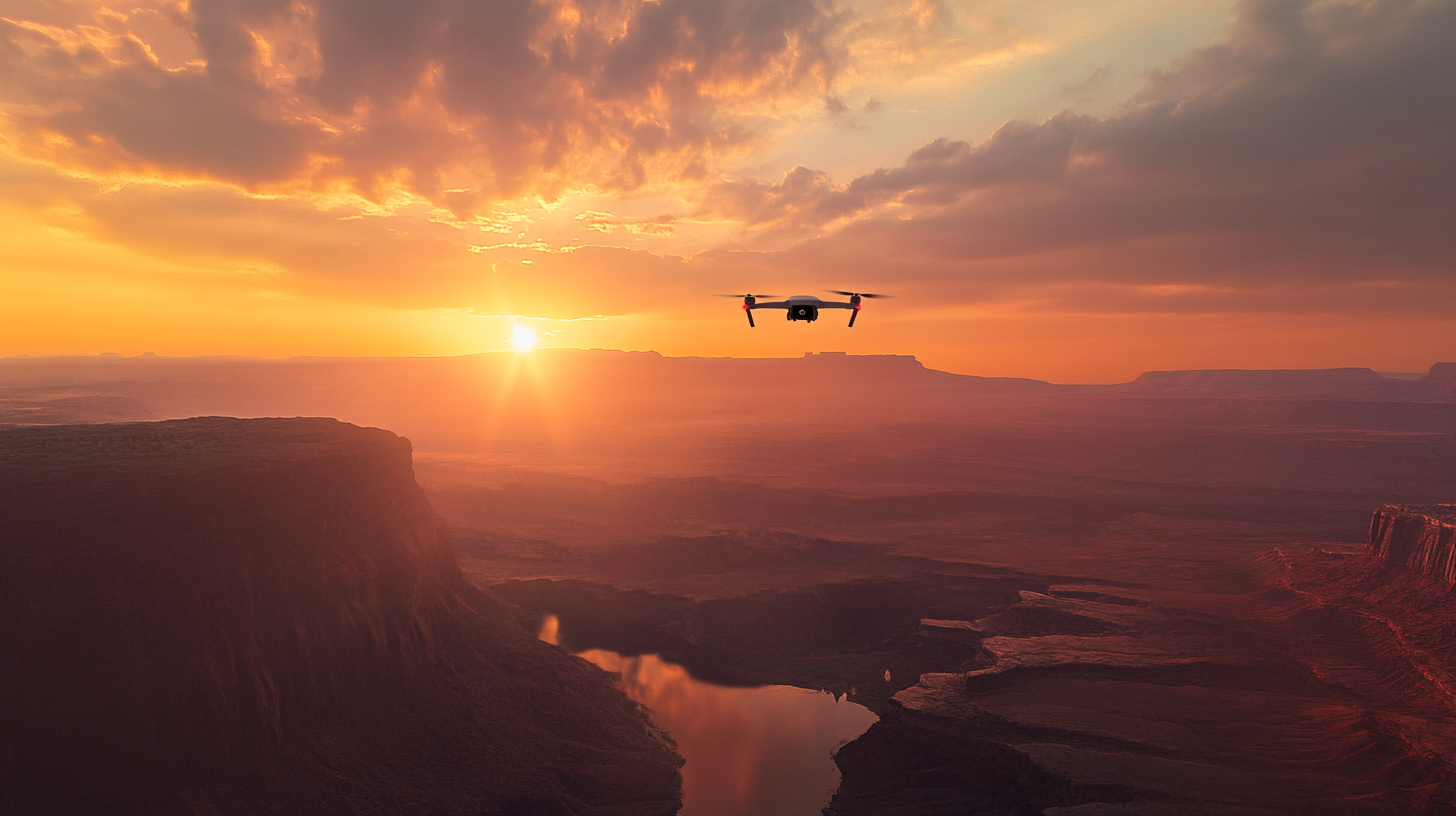 A drone is flying over a vast desert landscape during sunset. The sky is filled with orange and pink hues, and the sun is partially visible on the horizon. The terrain below features cliffs and a winding river reflecting the warm colors of the sky.
