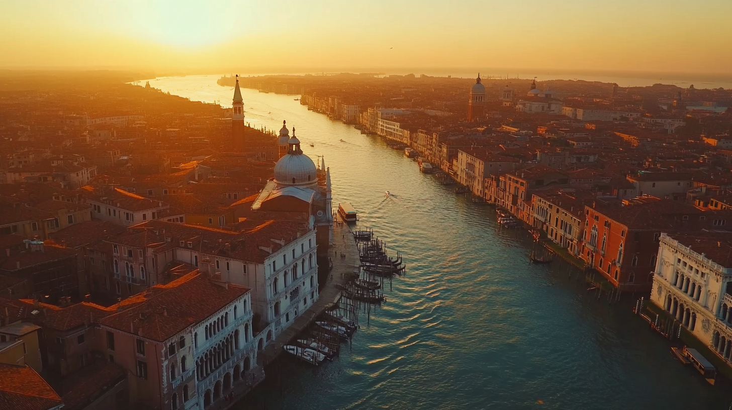 Aerial view of Venice at sunset, featuring the Grand Canal winding through the city. The sun casts a warm glow over the historic buildings with red-tiled roofs. Several boats and gondolas are visible on the canal, and the sky is a gradient of orange and yellow hues.