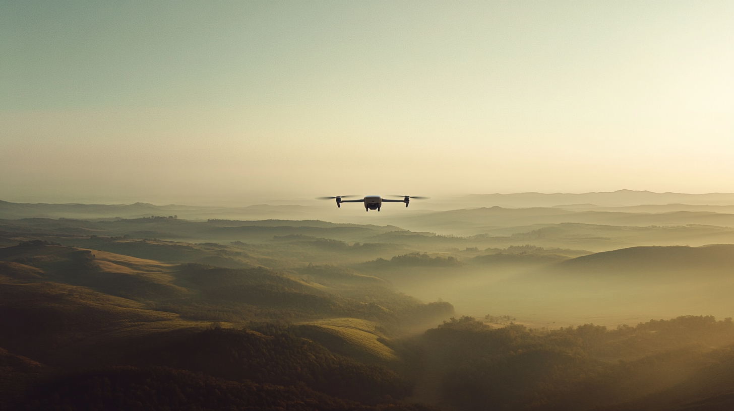 A drone is flying over a vast, misty landscape with rolling hills and valleys. The scene is bathed in soft, golden light, suggesting early morning or late afternoon. The horizon is hazy, with layers of hills fading into the distance.