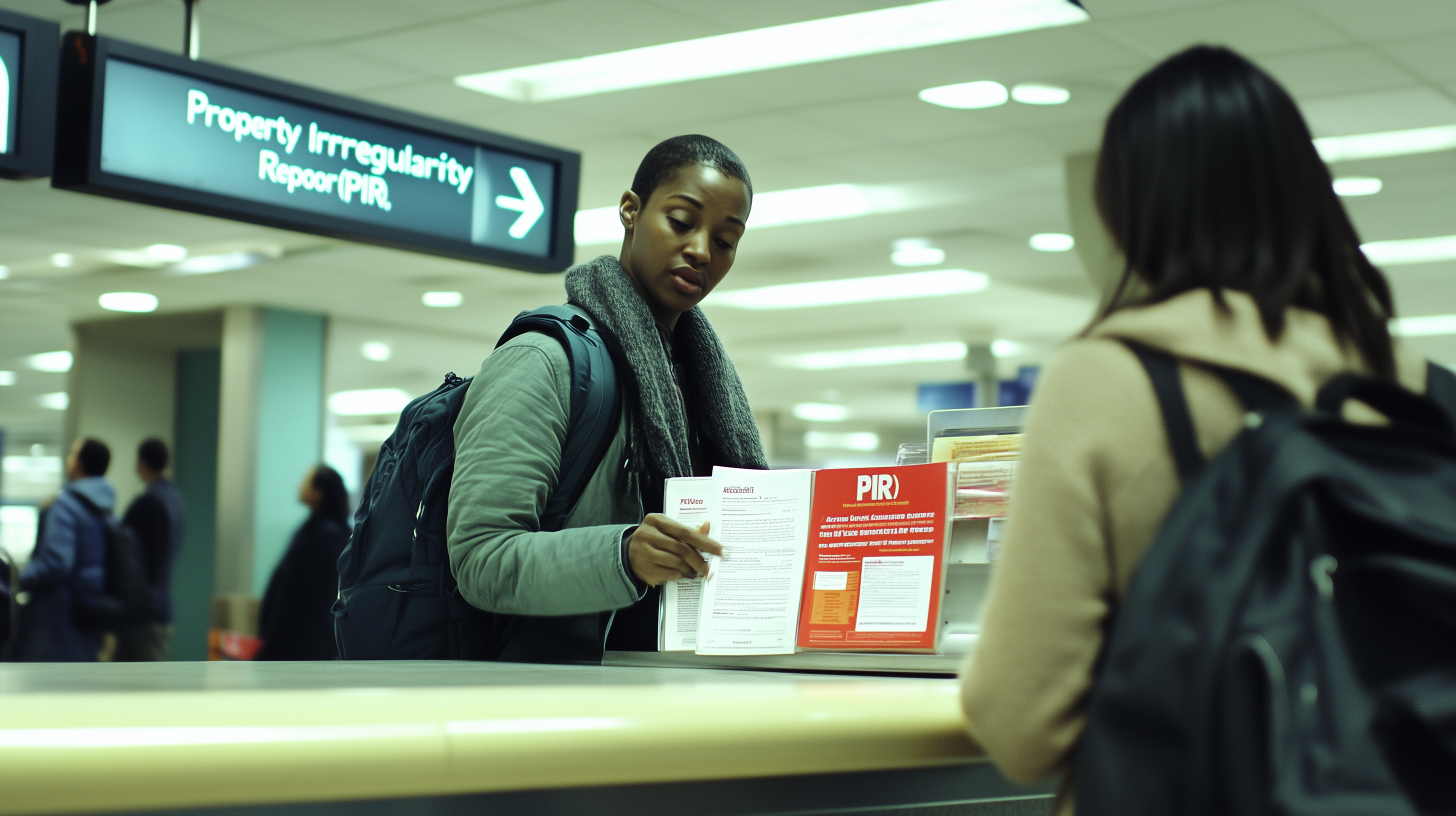 A person is standing at a counter in an airport, holding a document and looking at a "Property Irregularity Report (PIR)" sign. Another person with a backpack is standing nearby. The background shows a busy airport environment with people walking around.