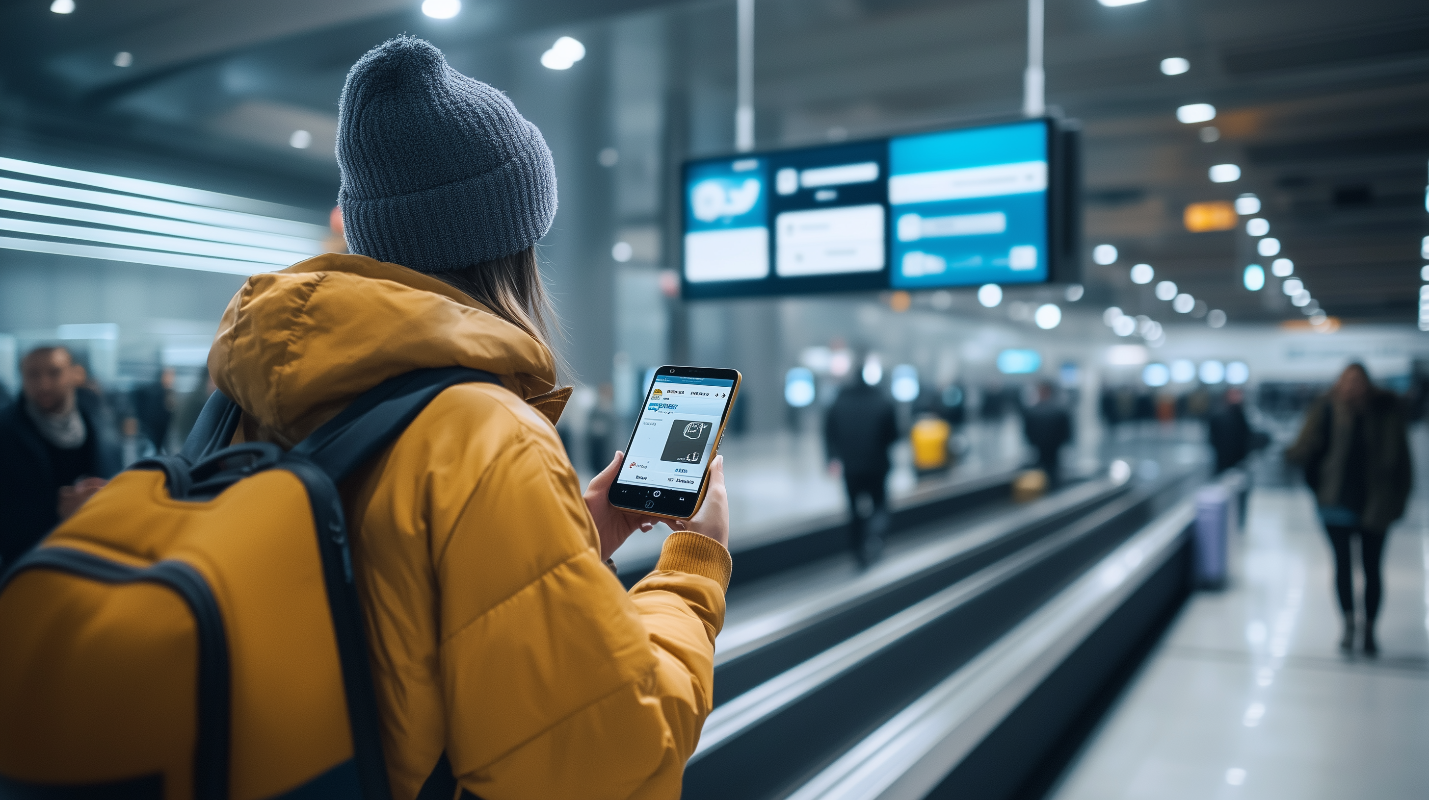 A person wearing a yellow jacket and gray beanie is standing in an airport terminal, looking at a smartphone. The phone screen displays a shopping app. The background shows a blurred view of people, luggage carousels, and digital information boards. The person is carrying a yellow backpack.