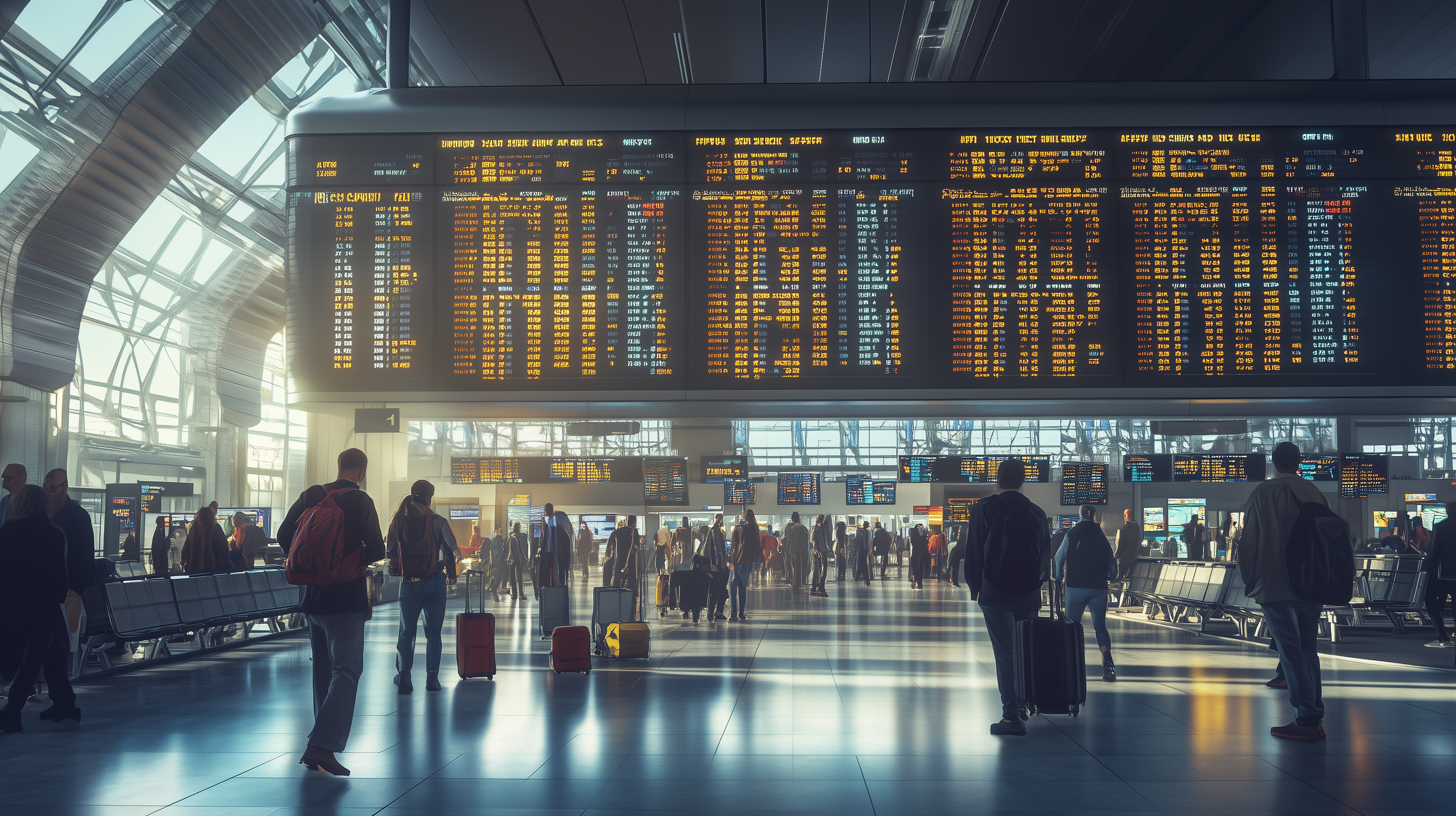 The image shows a busy airport terminal with travelers walking and standing around. A large digital departure board displaying flight information is prominently featured at the top. People are carrying luggage and backpacks, and the terminal is well-lit with natural light streaming through large windows.