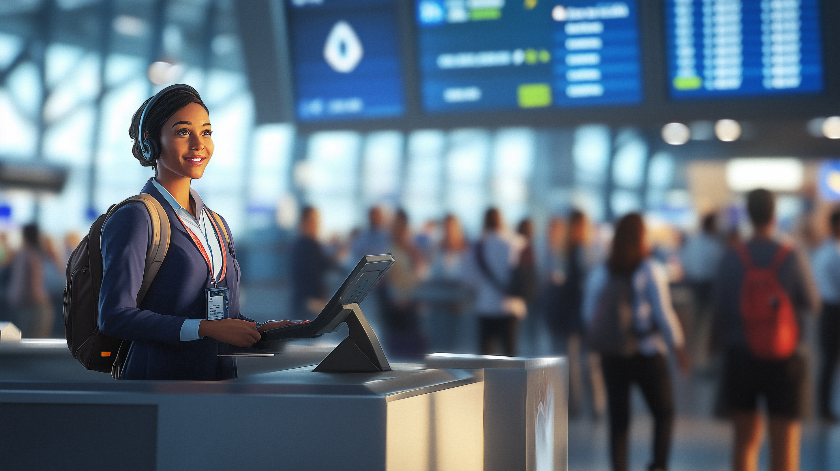 A woman wearing a headset and a lanyard with an ID badge is standing at a counter in an airport. She is smiling and using a touchscreen device. The background shows a busy terminal with people and large flight information screens.