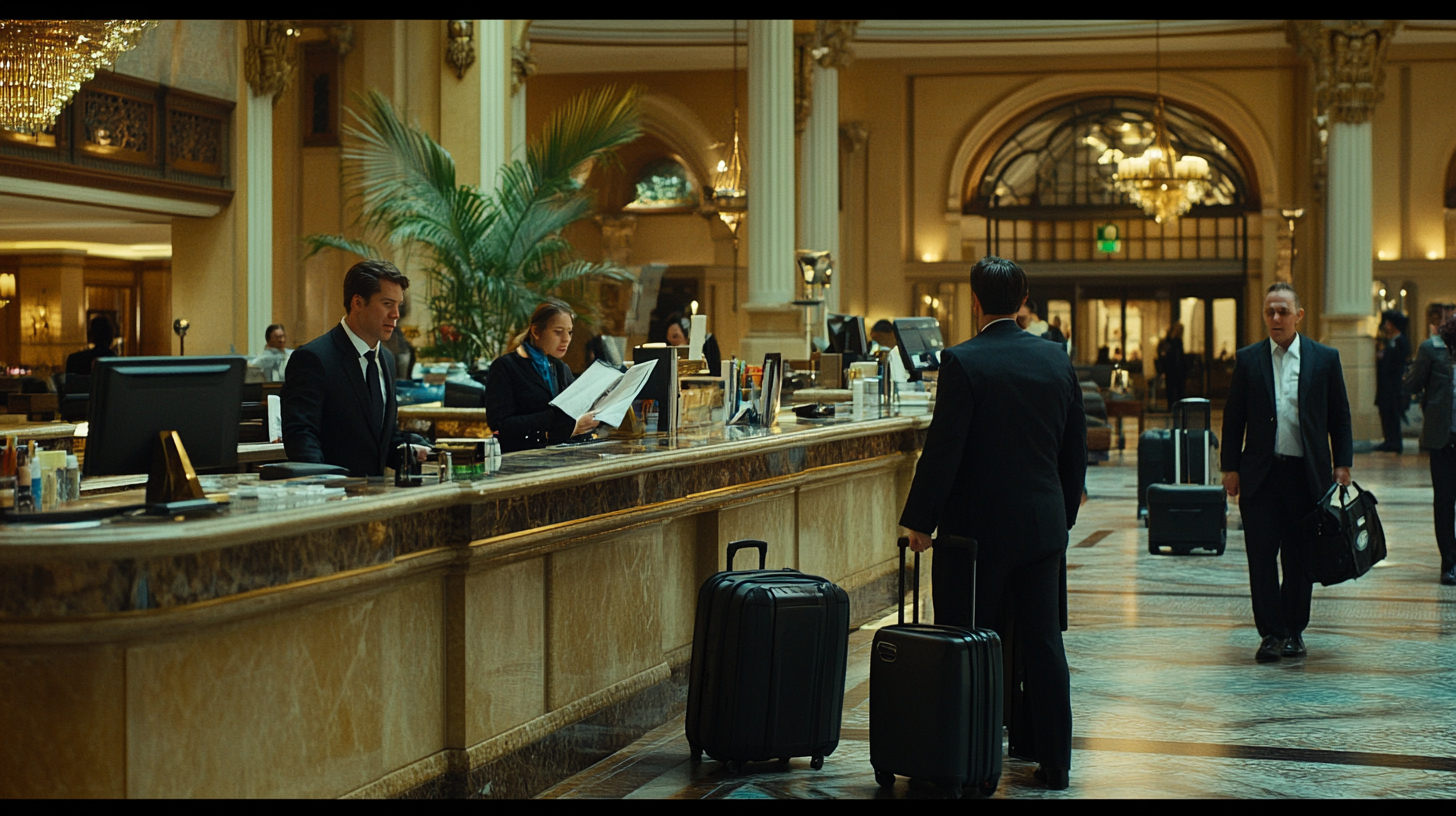 A luxurious hotel lobby with a marble reception desk. Two men in suits are at the desk, one speaking to a receptionist who is looking at a document. Both men have suitcases. The lobby features elegant chandeliers, tall columns, and a large potted plant. Other people are visible in the background, some with luggage.