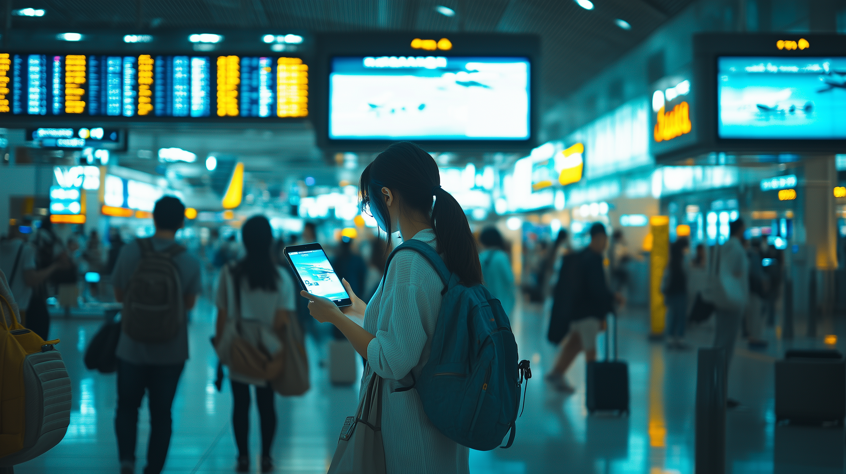 A person with a backpack is standing in a busy airport terminal, looking at a tablet. The background is filled with other travelers and large digital flight information boards displaying departure times. The scene is brightly lit, with a modern and bustling atmosphere.