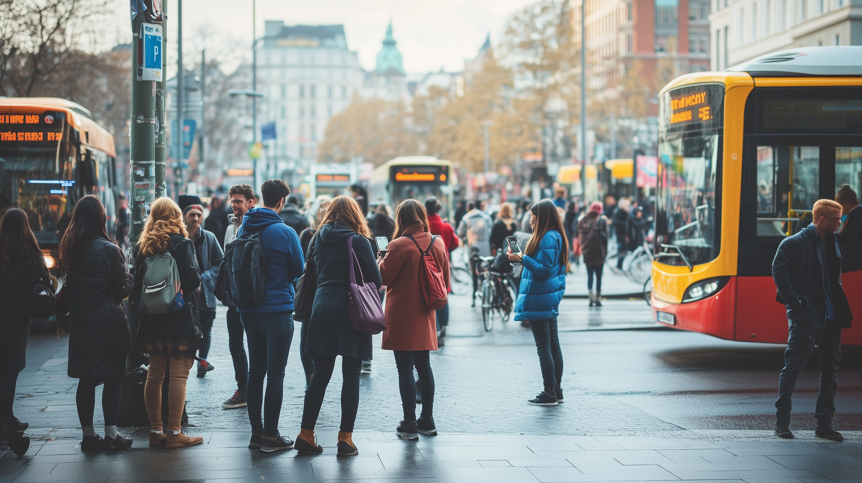 The image shows a busy urban street scene with a group of people standing at a bus stop. Several buses are visible, with one prominently in the foreground. People are dressed in winter clothing, and some are looking at their phones. The background features city buildings and trees with autumn foliage.
