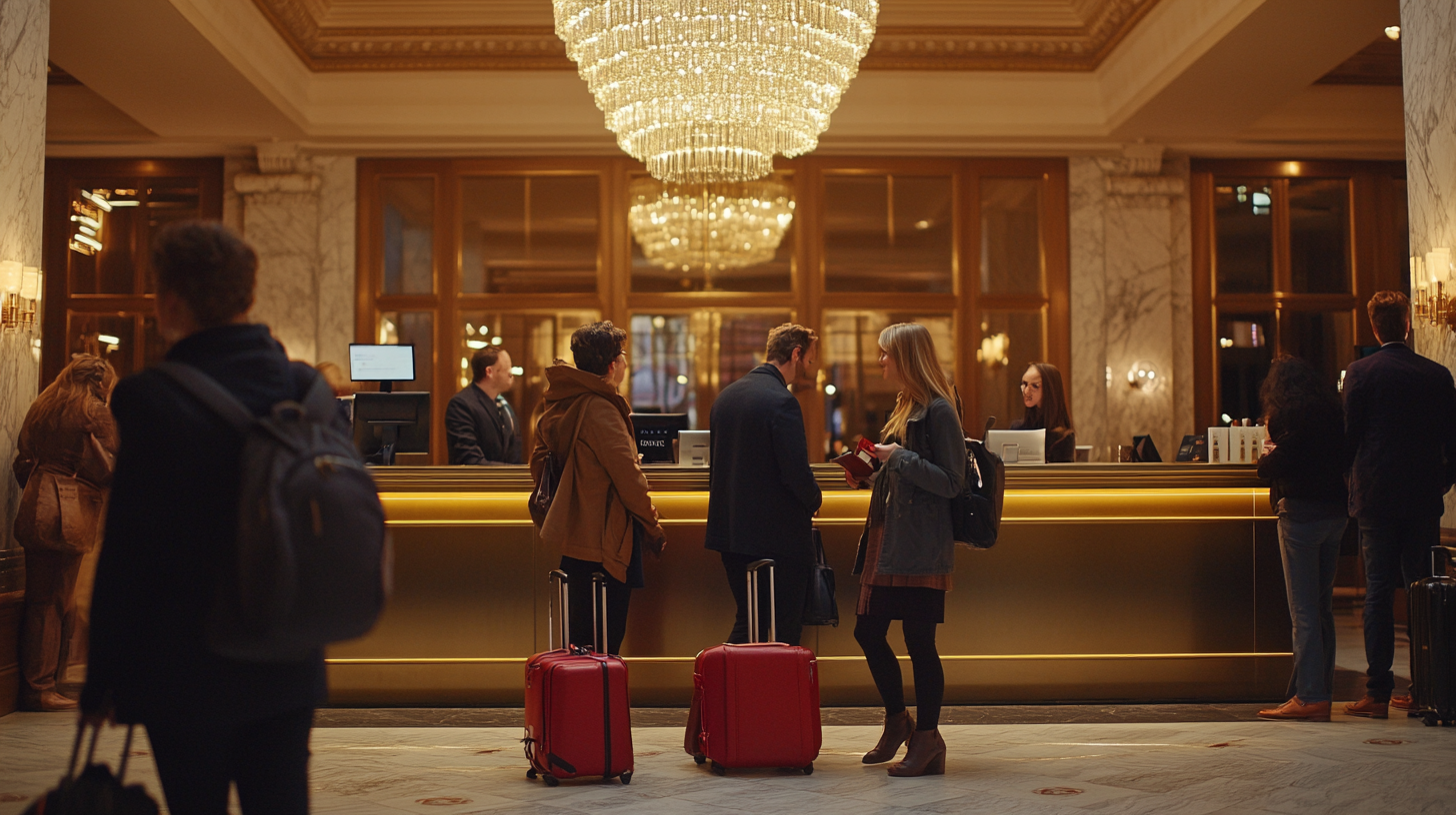 A hotel lobby with several people standing at the reception desk. Two individuals with red suitcases are checking in, while others wait in line. The lobby features a large, elegant chandelier and marble walls, creating a luxurious atmosphere. Receptionists are assisting guests at the counter.
