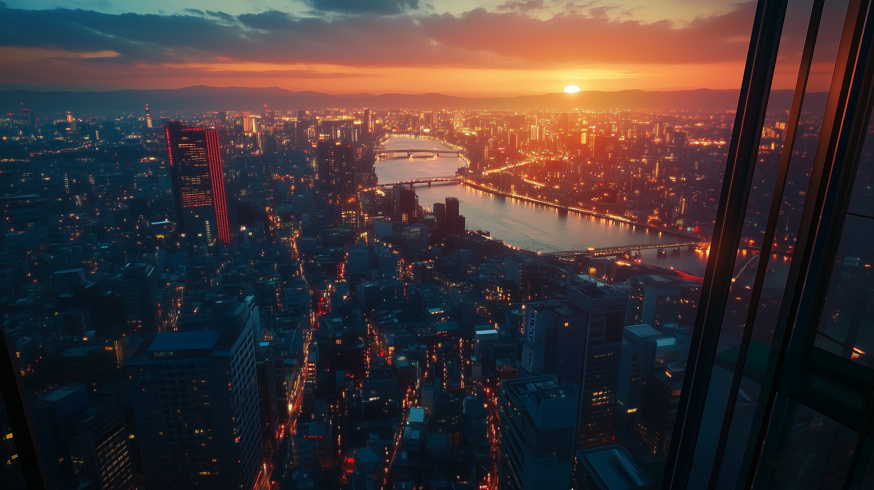 Aerial view of a cityscape at sunset, with a river running through the center. The city is illuminated with numerous lights, and a prominent skyscraper with red lights stands out. The sun is setting on the horizon, casting a warm glow over the scene.