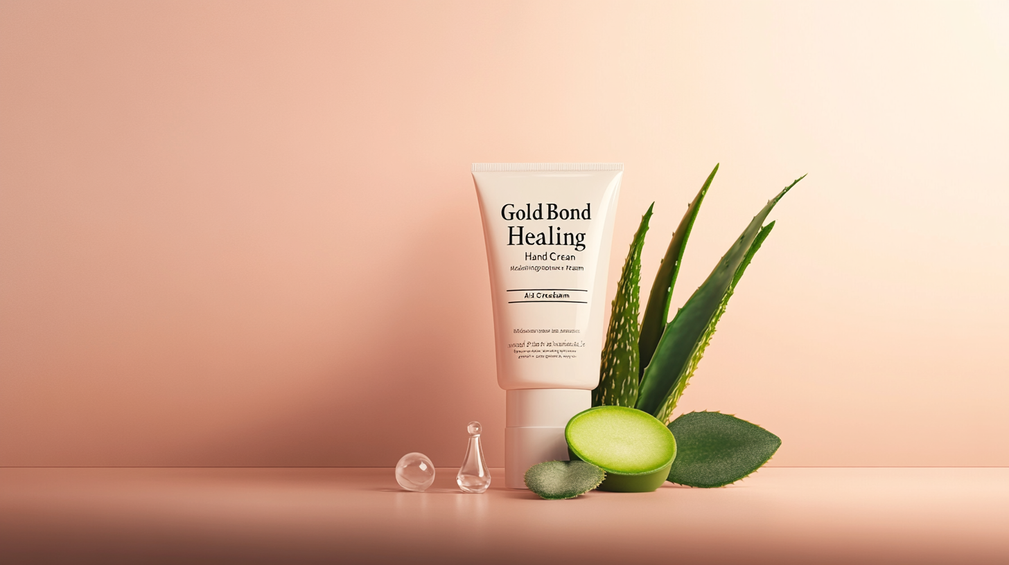 The image shows a tube of Gold Bond Healing Hand Cream placed on a peach-colored surface. Next to the tube are aloe vera leaves, a sliced green plant, and small glass droplets, suggesting natural ingredients. The background is a soft peach color.