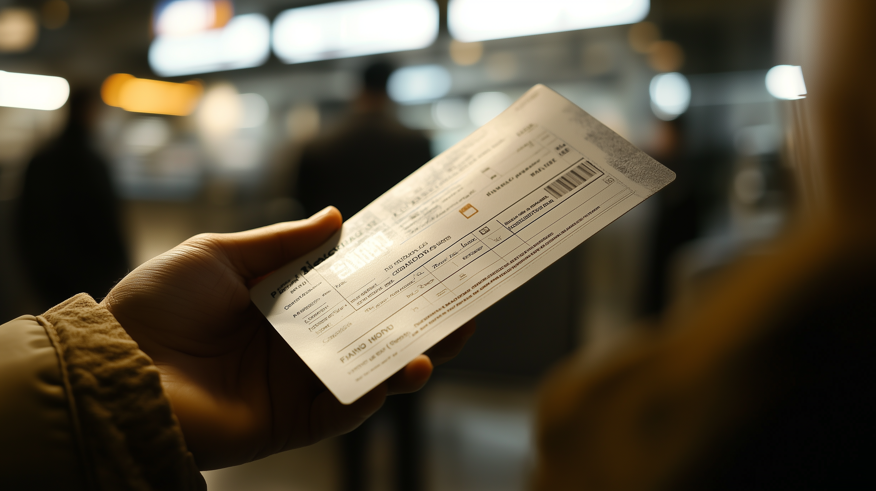 A person is holding a boarding pass in their hand at an airport. The background is blurred, showing other people and illuminated signs, suggesting a busy terminal environment.