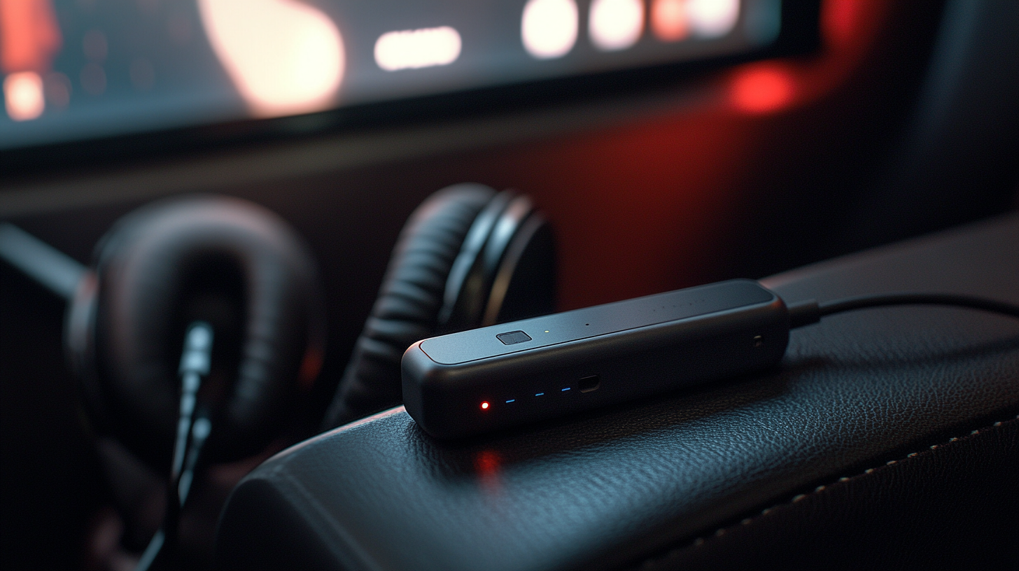 The image shows a small electronic device with indicator lights, possibly a portable audio amplifier or DAC, placed on a leather surface. A pair of headphones is partially visible in the background, and a screen with blurred content is in the distance, creating a dimly lit, tech-focused atmosphere.