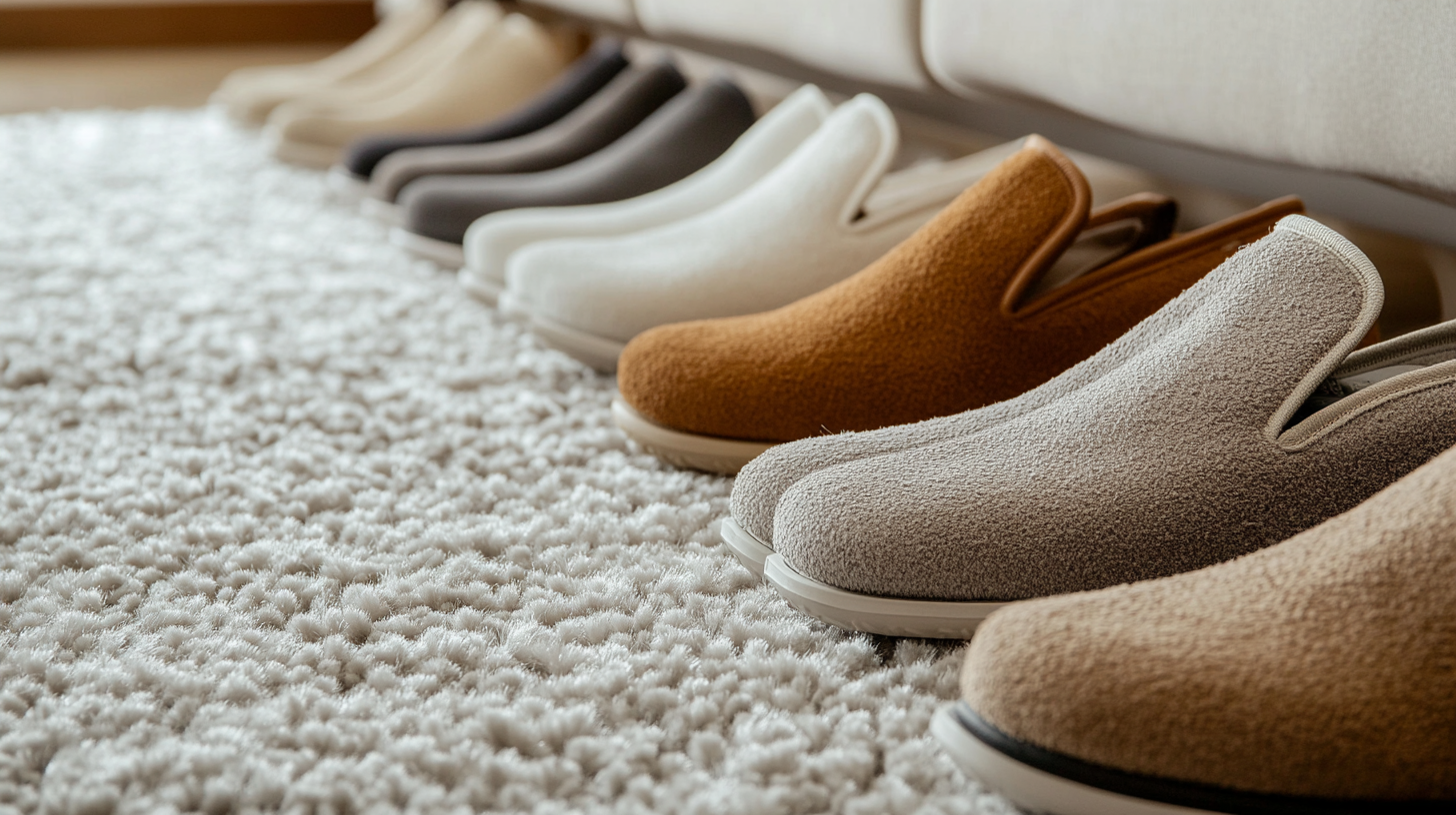 A row of slippers in various neutral colors, including beige, brown, and gray, is neatly arranged on a plush, white carpet. The slippers have a soft, textured appearance.