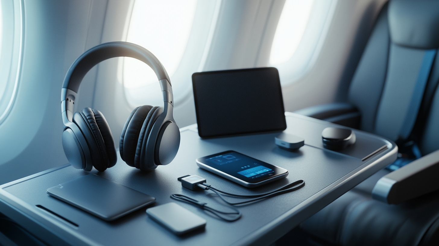 The image shows a tray table on an airplane with various electronic devices and accessories. There are over-ear headphones, a tablet, a smartphone, a portable charger, and a charging cable neatly arranged on the table. The airplane window and seats are visible in the background.