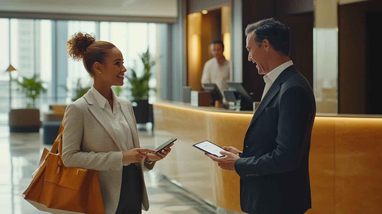 A woman and a man are standing in a hotel lobby, smiling at each other. The woman is holding a smartphone and carrying a large orange handbag, while the man is holding a tablet. In the background, there is a reception desk with a person standing behind it, and large windows with natural light coming in.