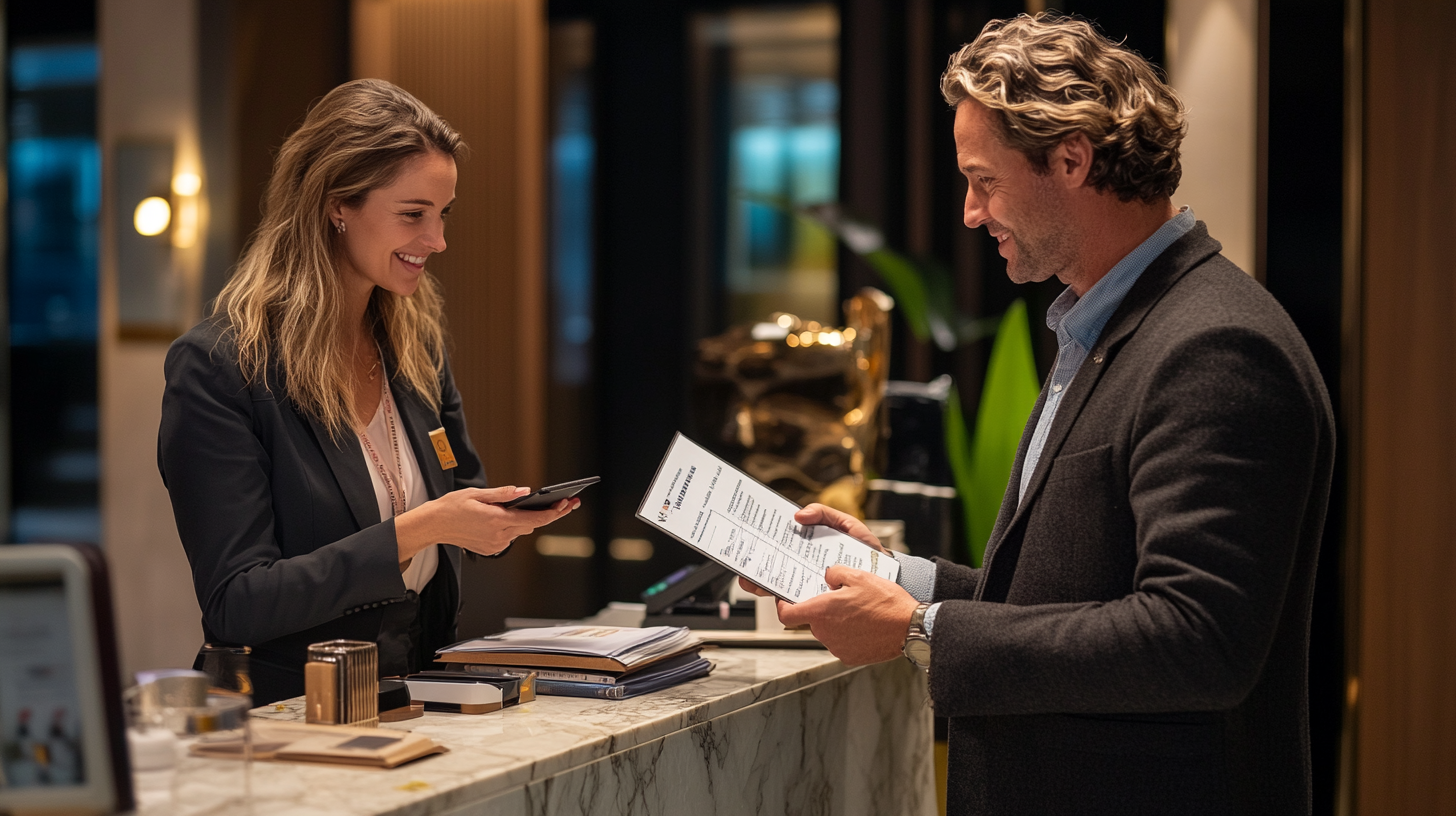 A woman and a man are interacting at a hotel reception desk. The woman, wearing a blazer, is smiling and holding a smartphone, while the man, also in a blazer, is holding a document. The setting is modern and well-lit, with various items on the marble counter.