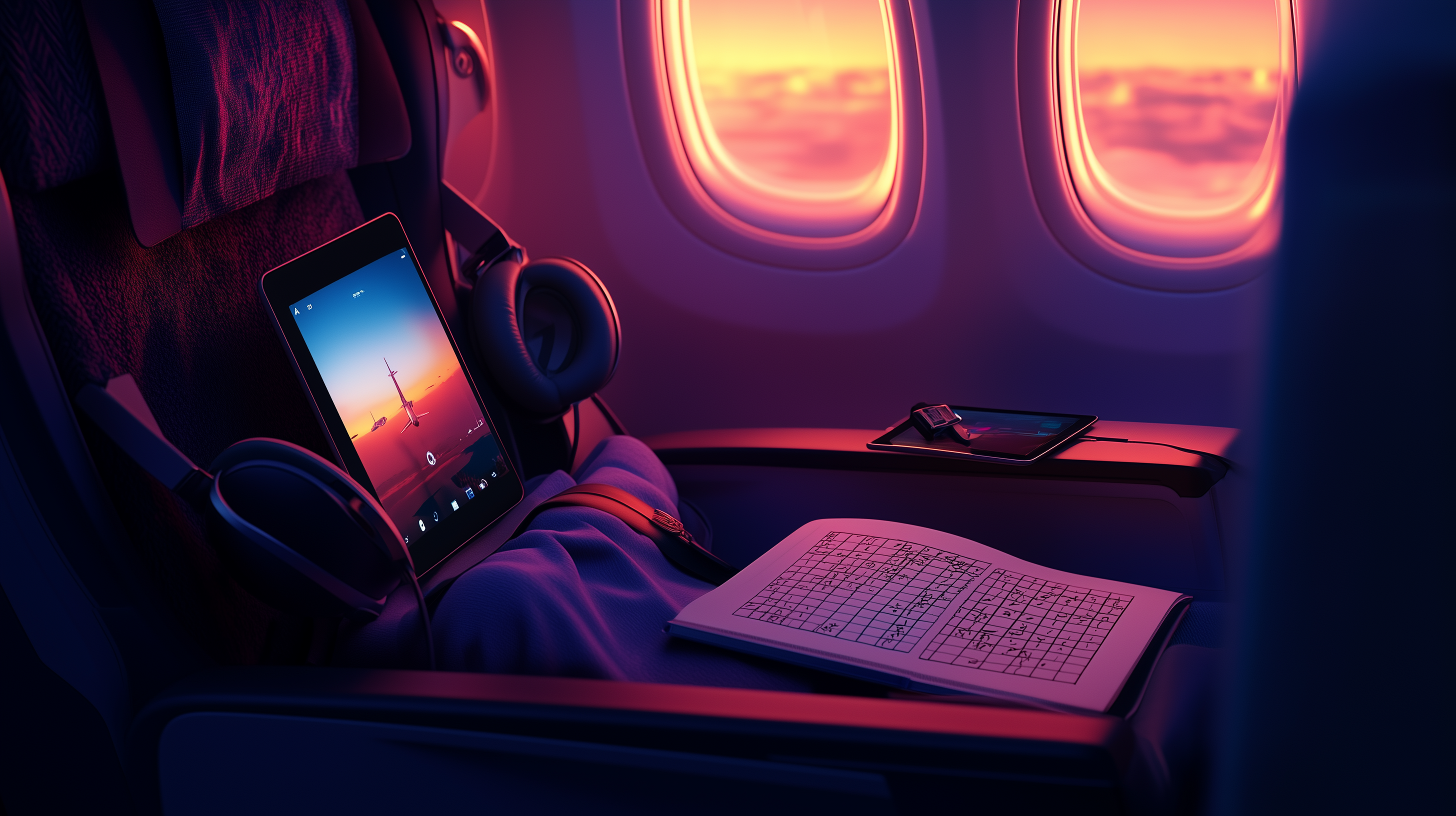 A cozy airplane seat is shown with a tablet displaying a sunset scene, resting on the seat. Headphones are placed nearby. A Sudoku puzzle book is open on the tray table, and a smartphone is also visible. The airplane window reveals a vibrant sunset sky, casting a warm glow over the scene.