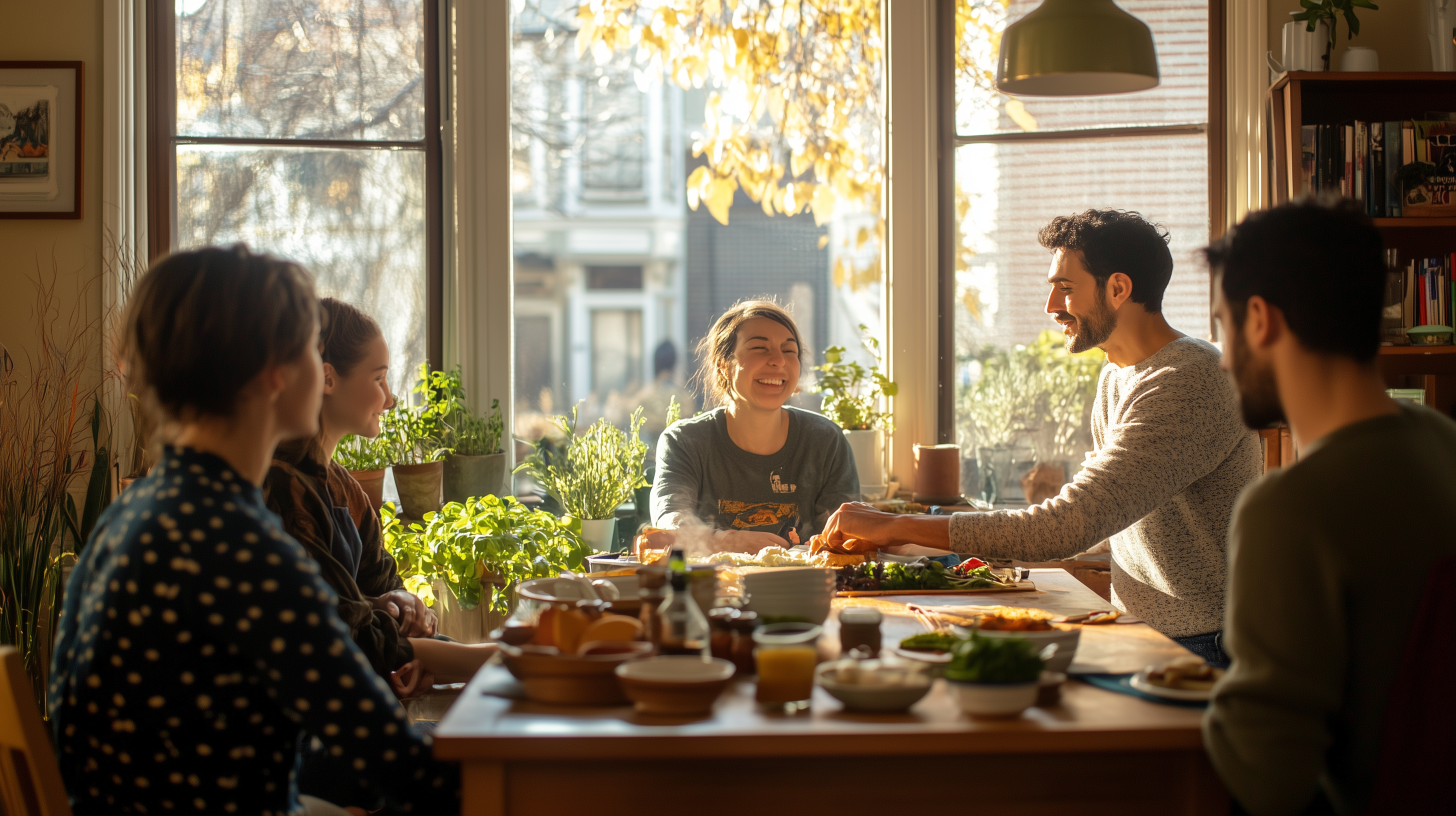 A group of five people are sitting around a dining table, enjoying a meal together in a cozy, sunlit room. The table is filled with various dishes and drinks. There are plants on the windowsill, and the large window offers a view of trees and buildings outside. The atmosphere is warm and cheerful, with everyone smiling and engaged in conversation.