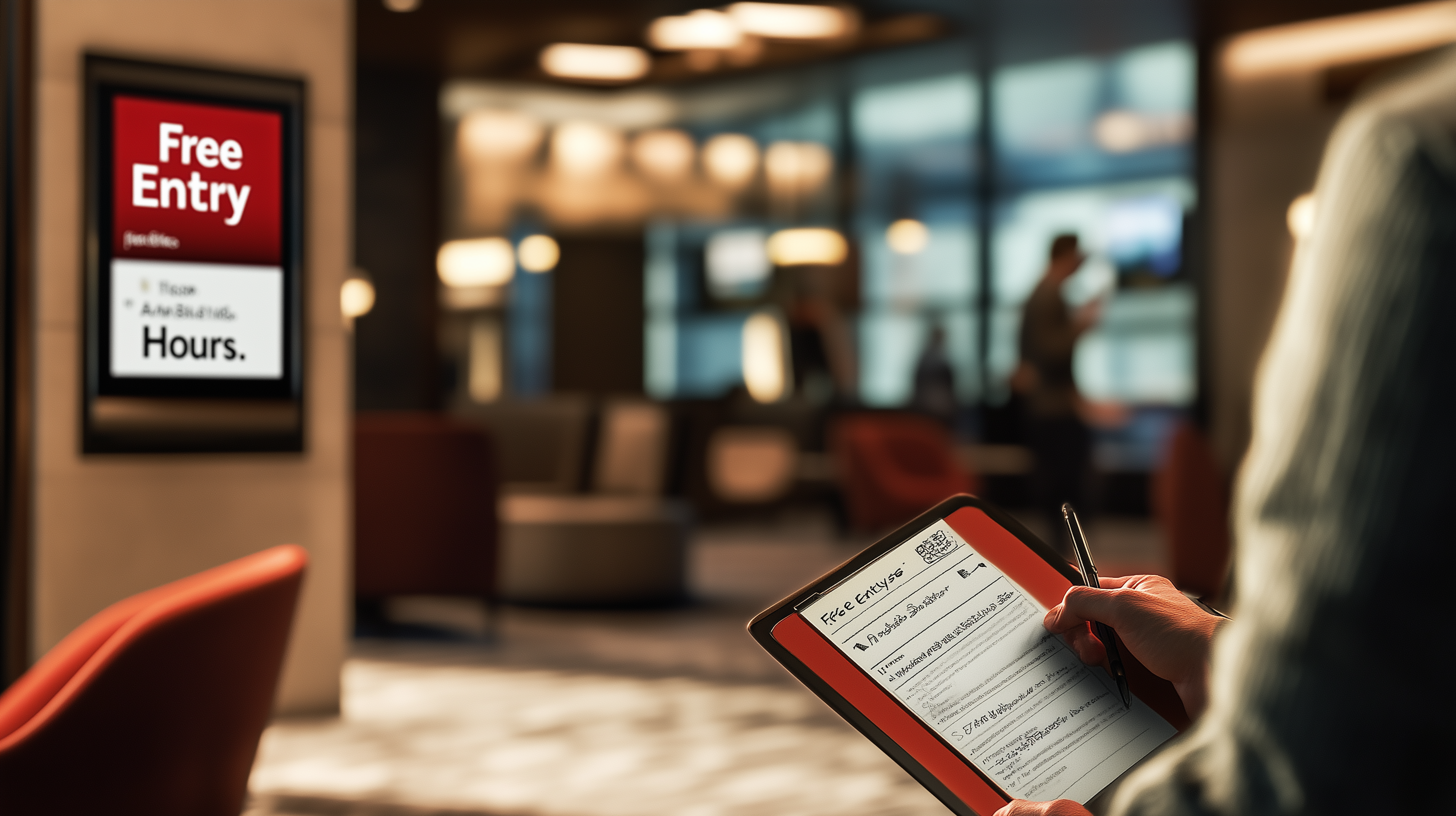 The image shows a person holding a tablet and stylus, filling out a form titled "Free Entry." In the background, there is a blurred interior of a modern building with people and seating areas. A digital sign on the wall displays the words "Free Entry" in large text. The setting appears to be a public space, possibly a lobby or waiting area.