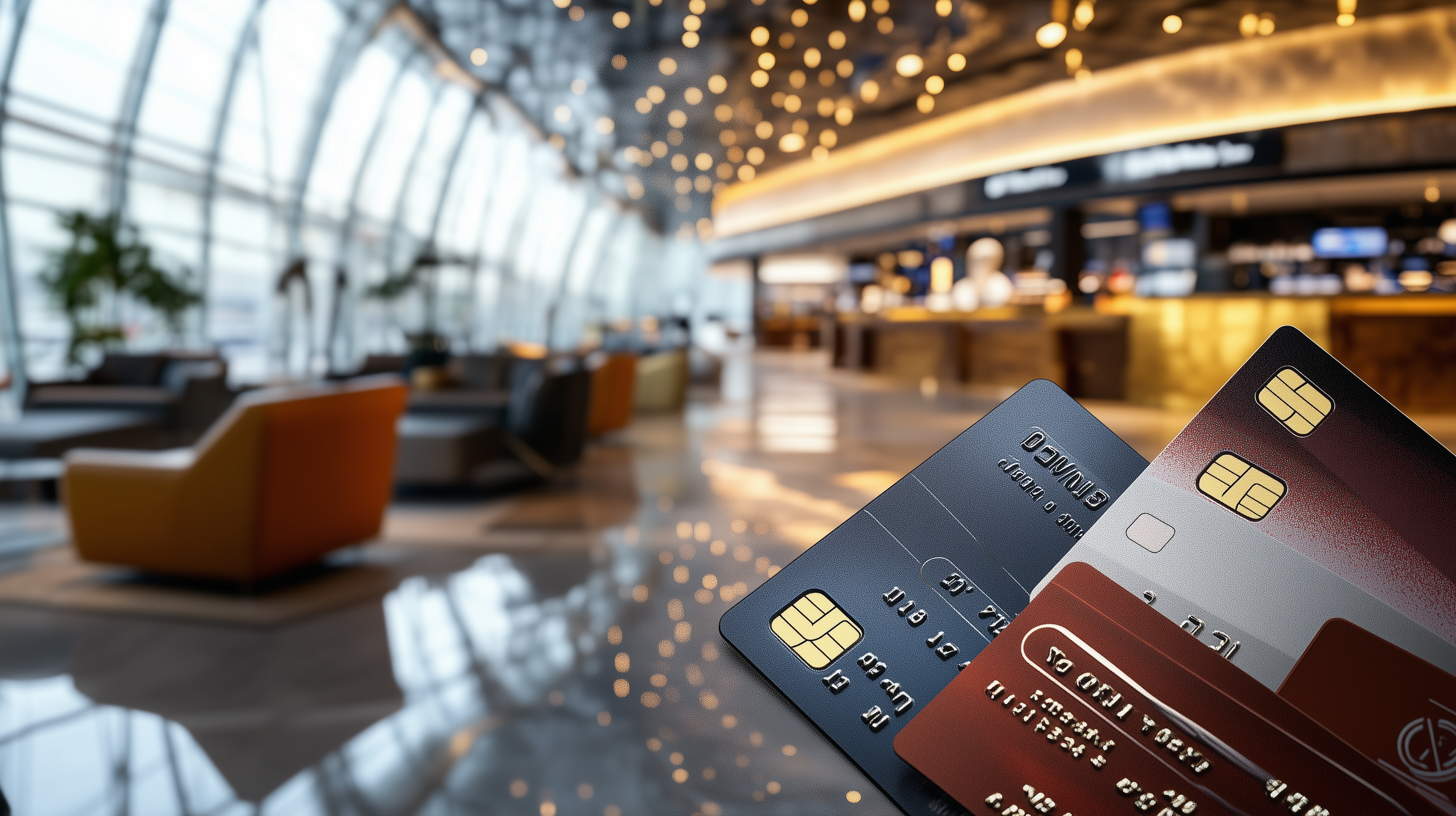 The image shows a modern airport lounge with stylish seating and a well-lit bar area in the background. In the foreground, there are several credit cards fanned out, displaying their chip and embossed numbers. The lounge has a spacious, airy feel with large windows and decorative lighting.