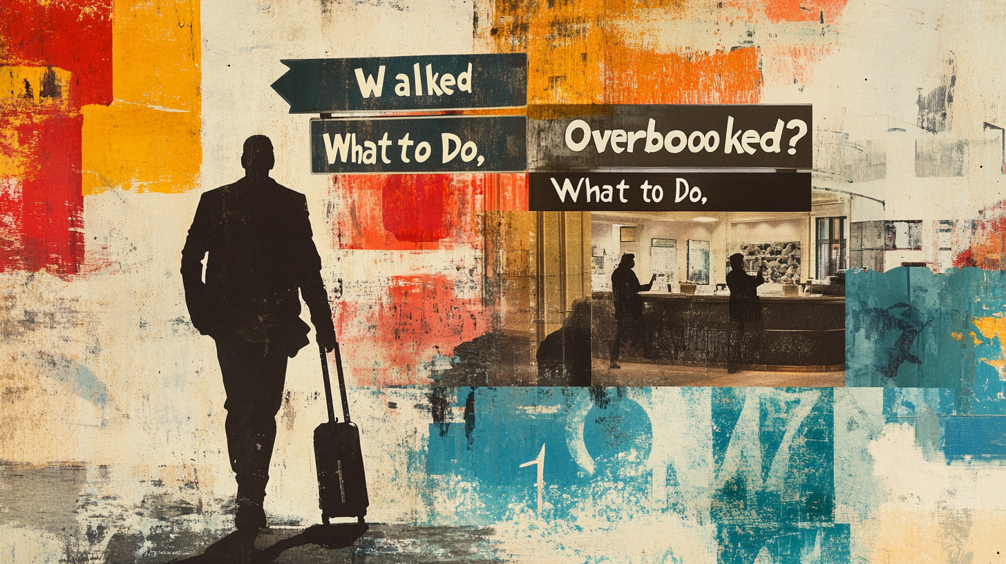 The image features a silhouette of a person walking with a suitcase against a colorful, abstract background with red, orange, and blue tones. Text on the image reads "Walked What to Do," and "Overbooked? What to Do," with a smaller inset image showing a person at a hotel reception desk.