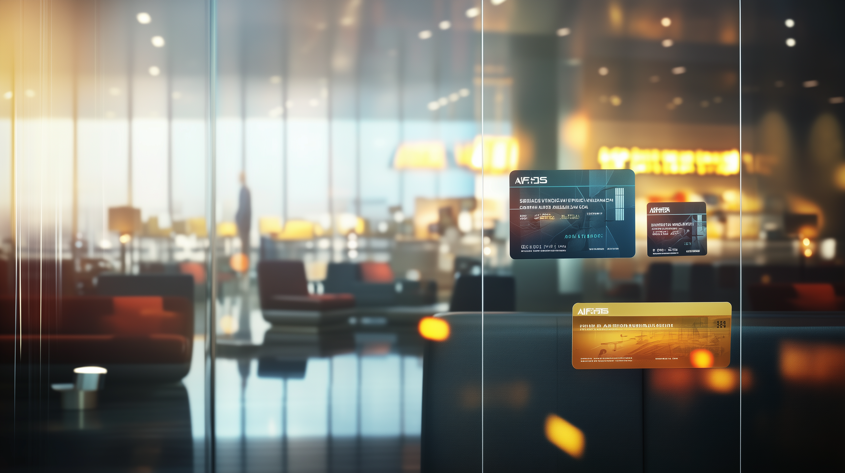 The image shows a modern, blurred airport lounge with a focus on three floating digital boarding passes. The background features soft lighting, comfortable seating, and a person walking, creating a warm and sophisticated atmosphere.