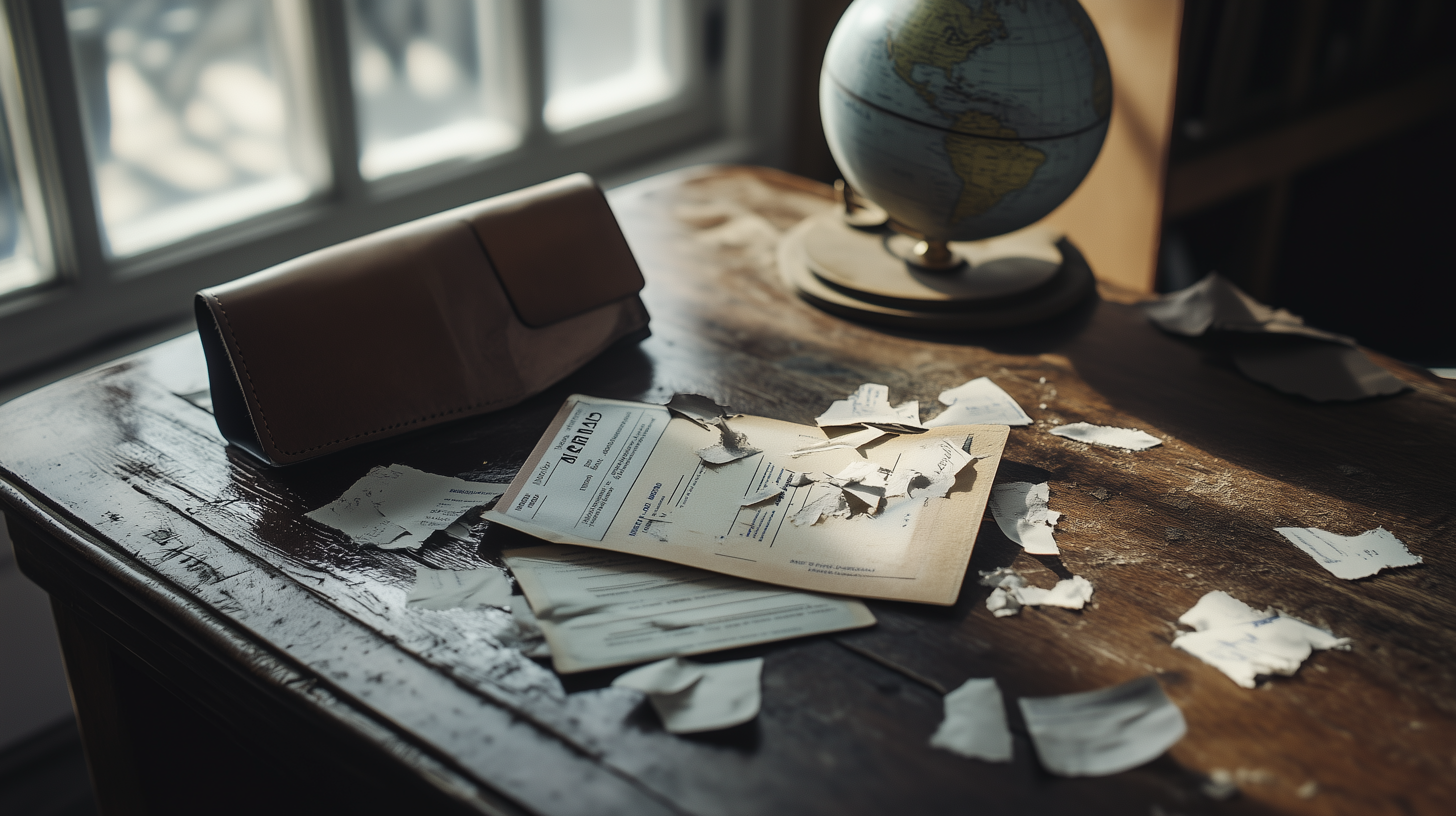 The image shows a wooden desk with a leather wallet, a small globe, and a torn document scattered with paper pieces. Sunlight is streaming in from a nearby window, casting shadows on the desk.