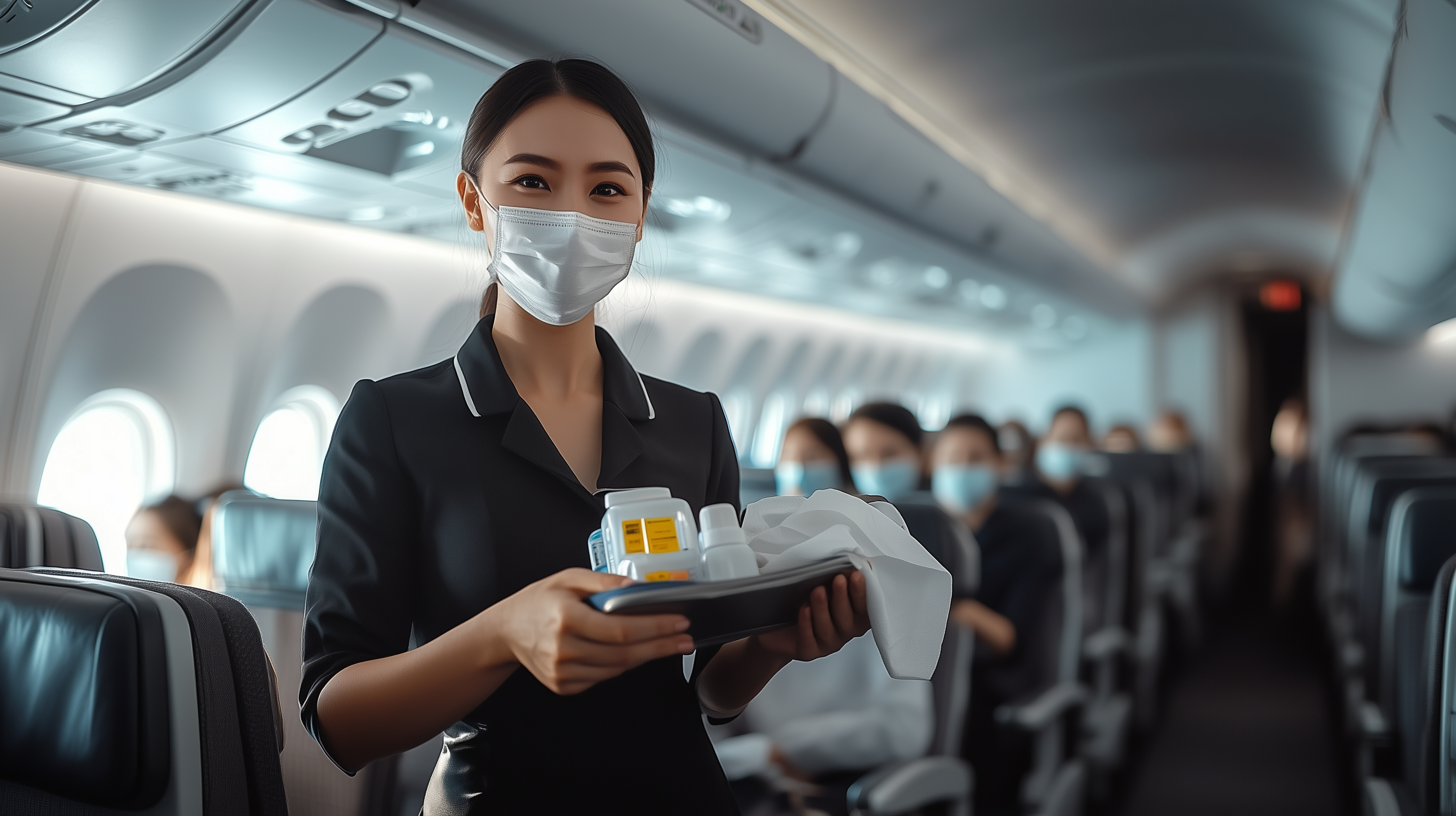 A flight attendant wearing a face mask is standing in the aisle of an airplane, holding a tray with bottles and a cloth. The cabin is filled with passengers, also wearing masks, seated in rows. The interior of the plane is well-lit, with visible overhead compartments and windows.