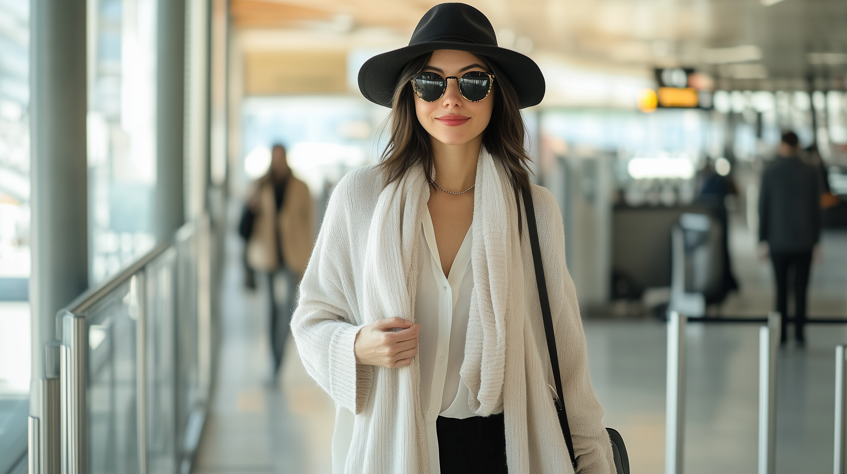 A woman is standing in an airport terminal. She is wearing a black wide-brimmed hat, sunglasses, a white blouse, and a light-colored shawl. She has a slight smile and is holding a strap of her bag. The background is blurred, showing other people and airport signage.