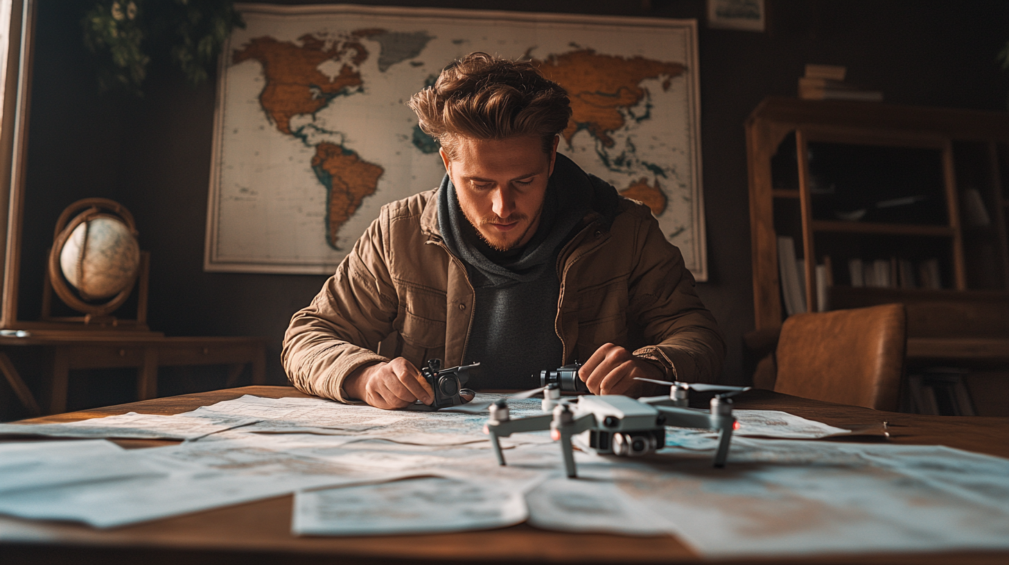 A person is sitting at a table covered with maps, examining a camera and a drone. The room has a warm, cozy atmosphere with a large world map on the wall and a globe on a nearby shelf. The person appears focused on their task.