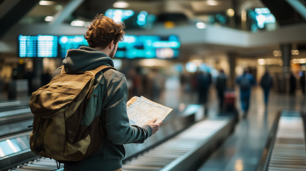 A person with a backpack is standing in an airport terminal, holding a map. They are looking at the baggage claim area, with blurred people and information screens in the background.