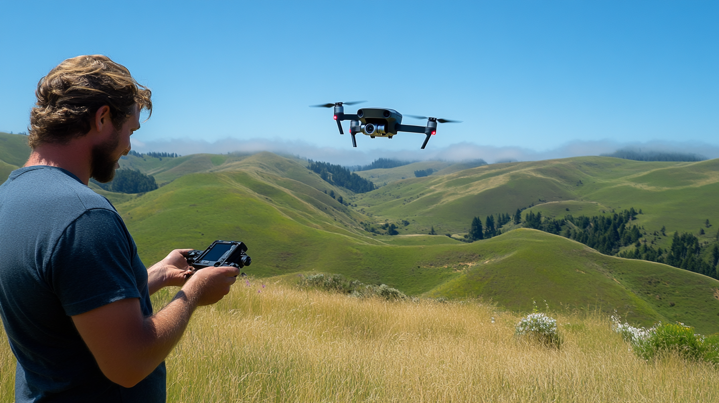 A person is operating a drone with a remote control in a scenic landscape. The background features rolling green hills under a clear blue sky. The drone is hovering in the air, and the person is focused on the controller.