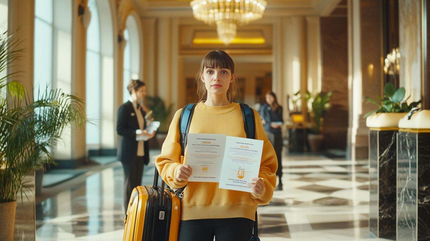 A woman in a yellow sweater stands in an elegant hotel lobby, holding two documents. She has a backpack and a yellow suitcase beside her. The lobby features large windows, potted plants, and a chandelier. In the background, a hotel staff member and another person are visible.