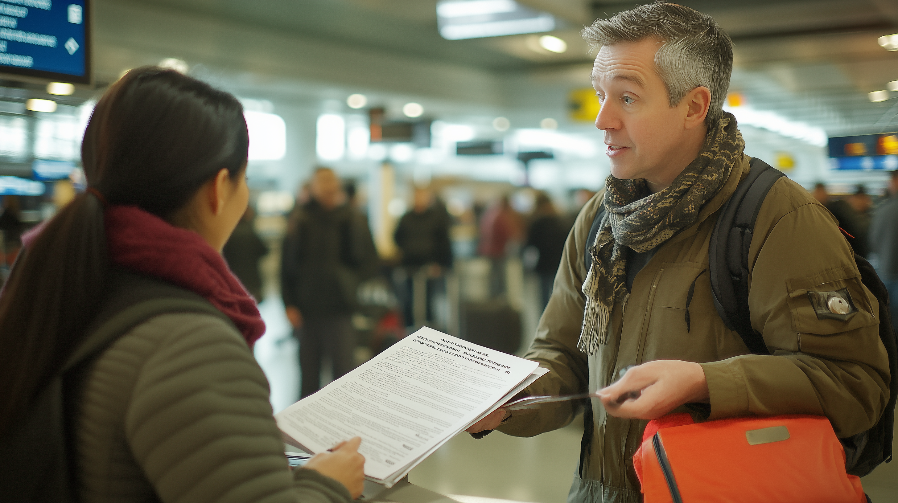 A man and a woman are standing in an airport terminal. The man is holding a document and appears to be speaking to the woman, who is facing away from the camera. The man is wearing a scarf and a jacket, and he has a backpack. The background shows other travelers and airport signage.