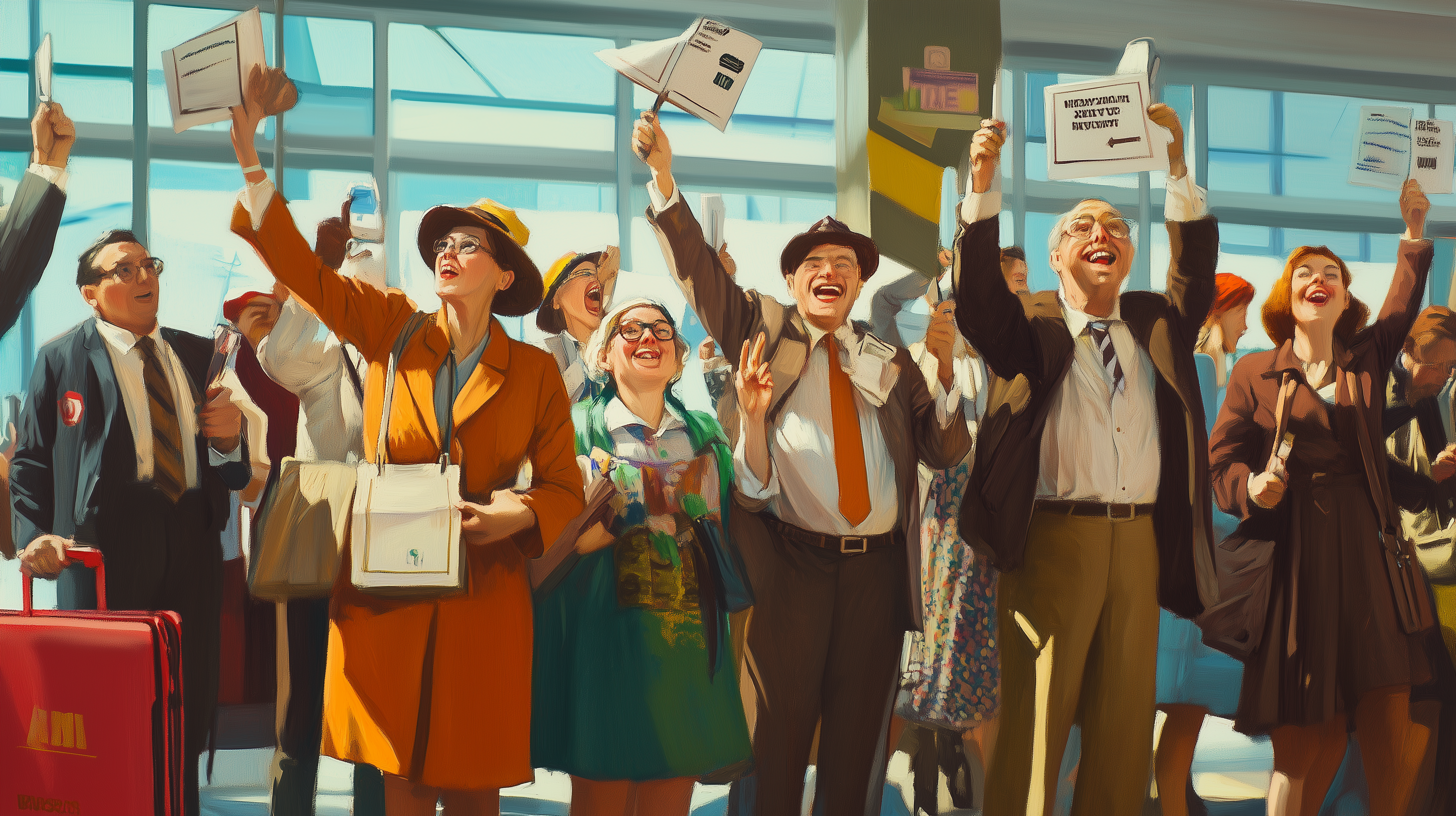 A group of people in vintage clothing are joyfully celebrating indoors, holding up papers and cheering. The scene is lively, with individuals dressed in suits, hats, and colorful dresses, suggesting a mid-20th century setting. The background shows large windows, indicating a bright, open space.