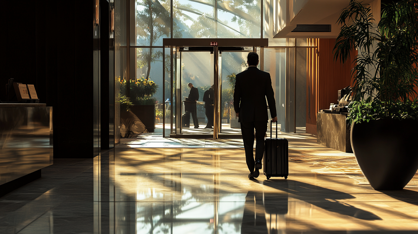 A person in a suit is walking through a sunlit hotel lobby, pulling a suitcase. The lobby features large glass doors, potted plants, and a polished floor reflecting the light. In the background, two other people are visible near the entrance.