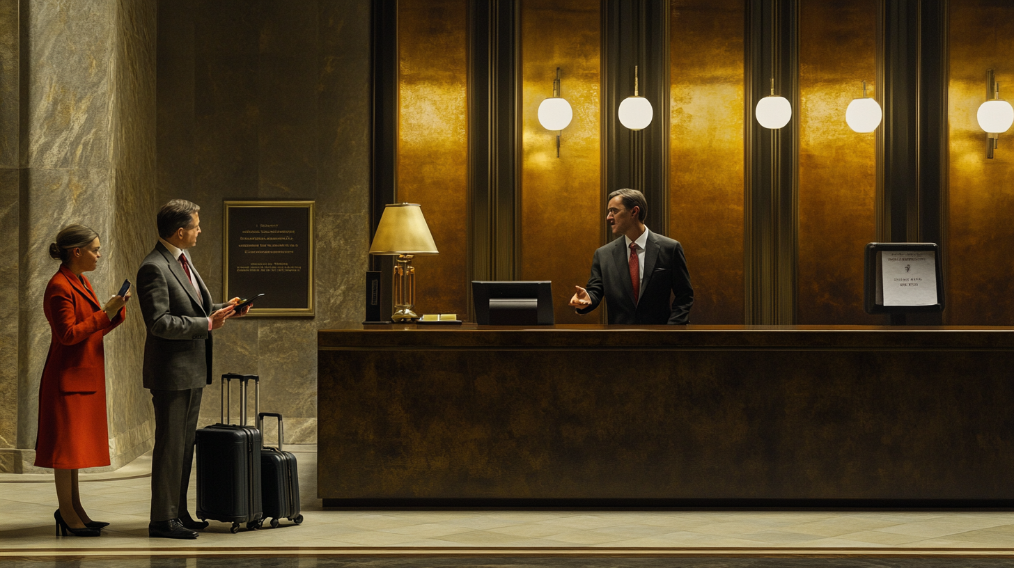 A man and a woman stand at a hotel reception desk with their luggage. The woman is wearing a red coat and holding a phone, while the man is in a suit, holding a tablet. They are speaking with a receptionist in a suit and tie, who is standing behind the desk. The background features warm lighting and elegant decor.