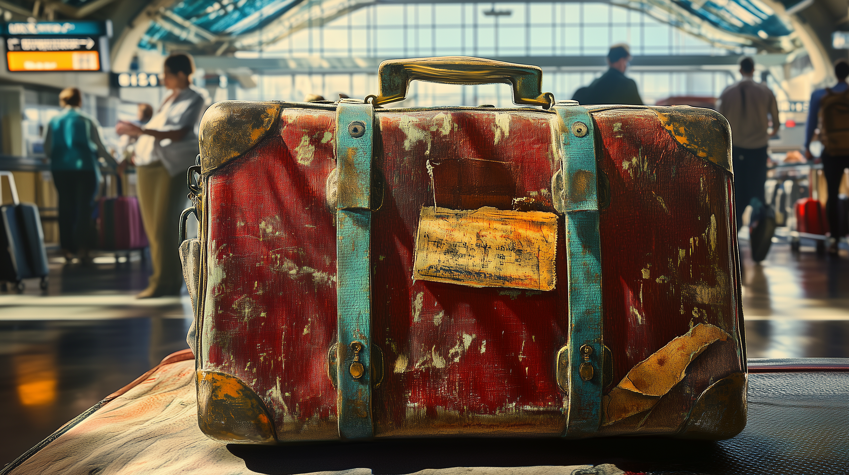 A vintage, weathered suitcase with a red and brown exterior and blue straps is prominently displayed in the foreground. The suitcase has visible wear and tear, with peeling labels and scuffs. In the background, an airport terminal is visible with people walking and carrying luggage, and a large window letting in natural light.