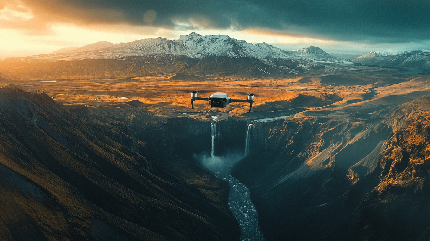 A drone is flying over a dramatic landscape featuring a deep canyon with a waterfall cascading into a river below. The scene is set during a sunset or sunrise, casting a warm golden light over the rugged terrain and distant snow-capped mountains. The sky is partly cloudy, adding to the dramatic atmosphere.