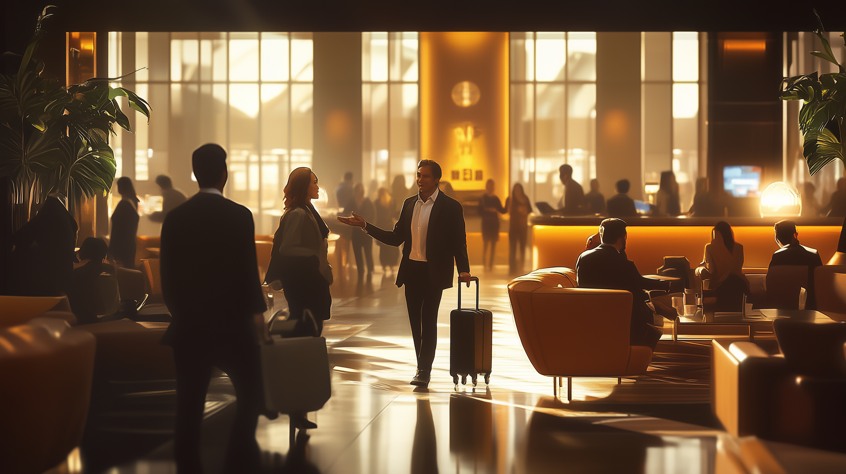 A busy airport lounge with people interacting and relaxing. In the foreground, a man and woman are engaged in conversation, both holding luggage. The lounge is warmly lit, with people seated on comfortable chairs and others standing or walking. Large windows in the background let in natural light, and there are plants and modern decor throughout the space.