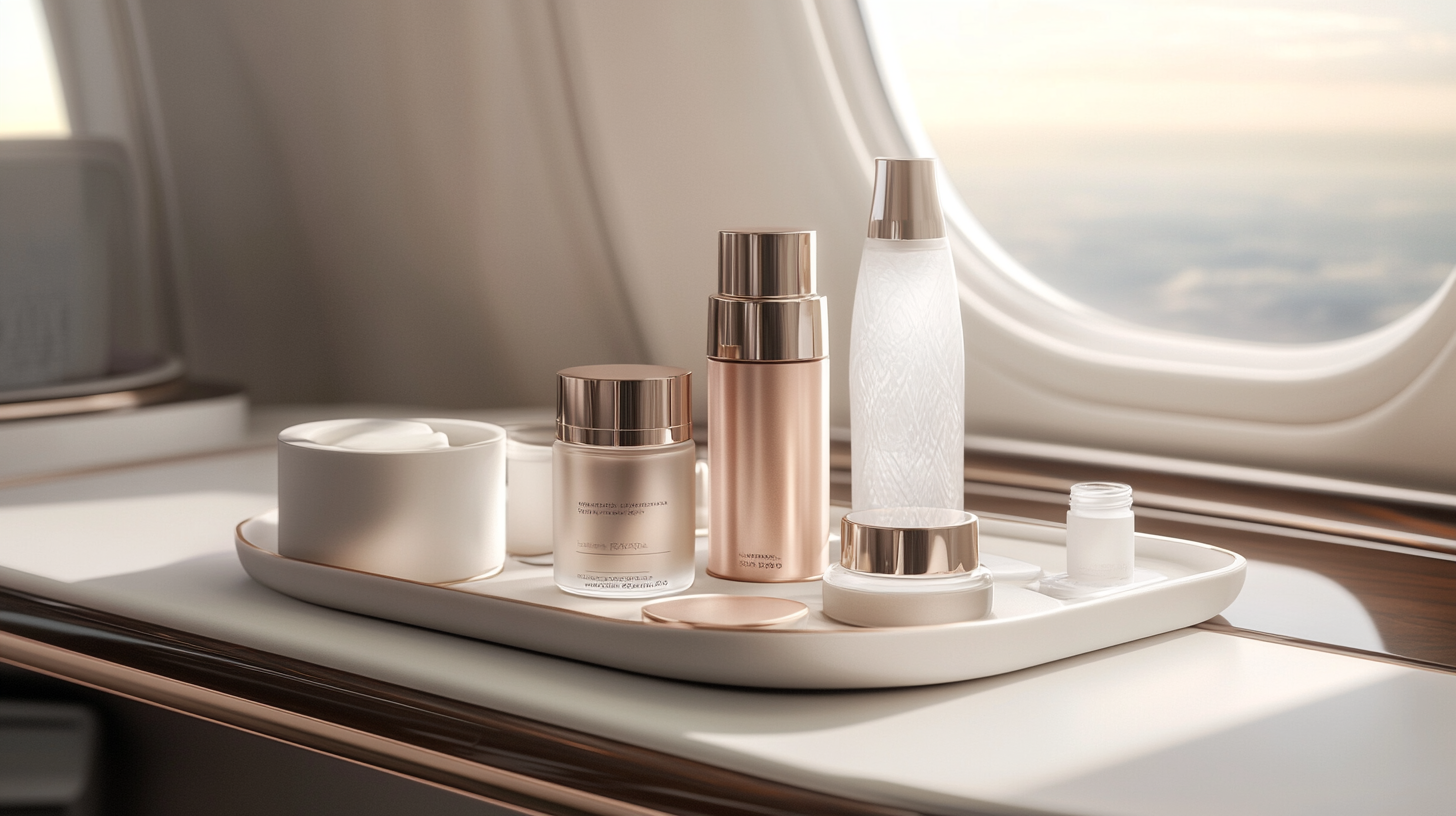 A collection of luxury skincare products is arranged on a tray inside an airplane cabin. The products include various bottles and jars with elegant, metallic caps. The tray is placed on a table next to an airplane window, through which a view of the sky and clouds is visible. The setting suggests a high-end travel experience.