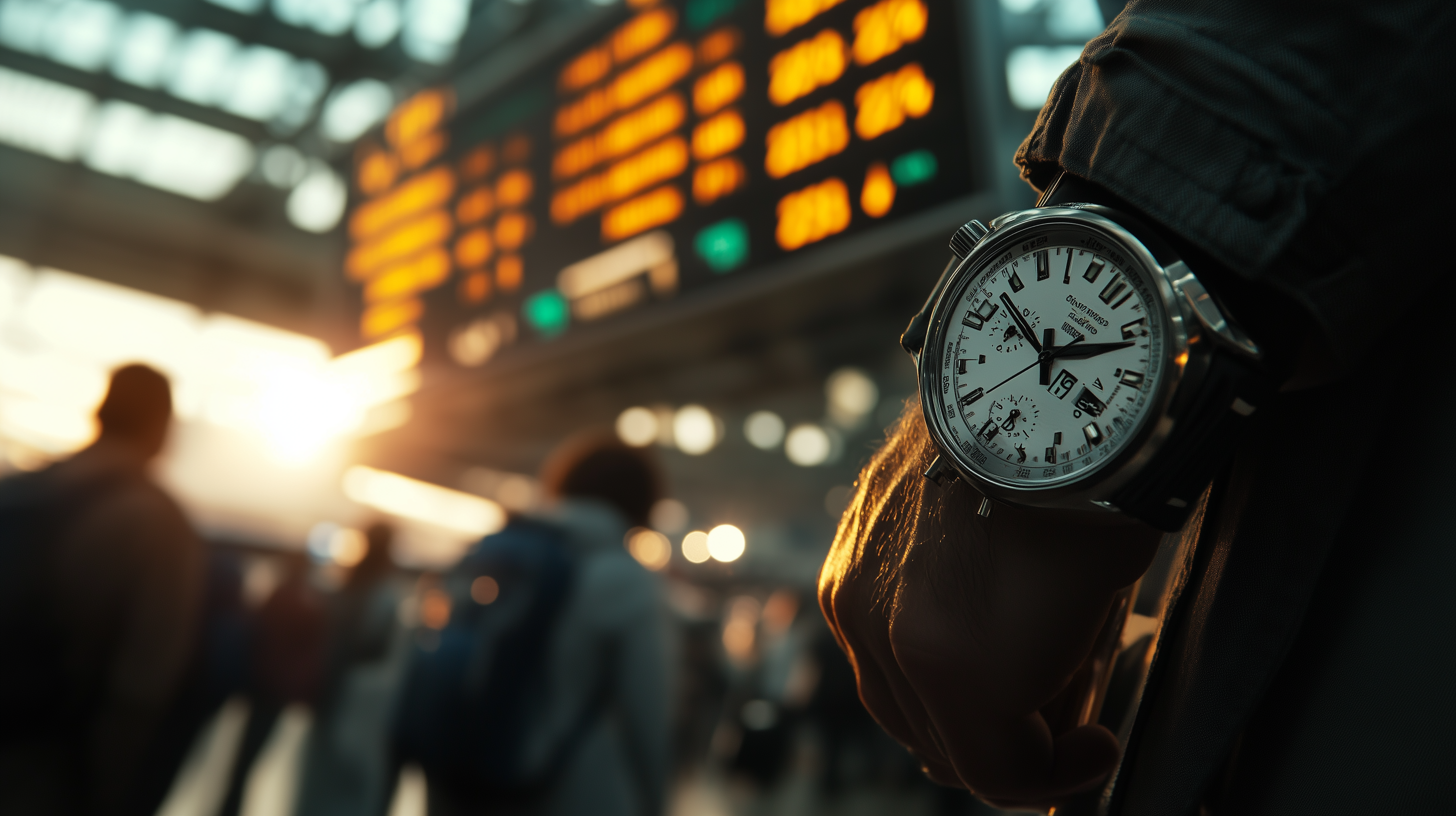 A close-up of a person's wrist wearing a silver watch with a white face, showing the time. In the background, there is a blurred view of a train station or airport with a large digital departure board displaying times and destinations. The scene is illuminated by warm sunlight, and there are silhouettes of people walking.