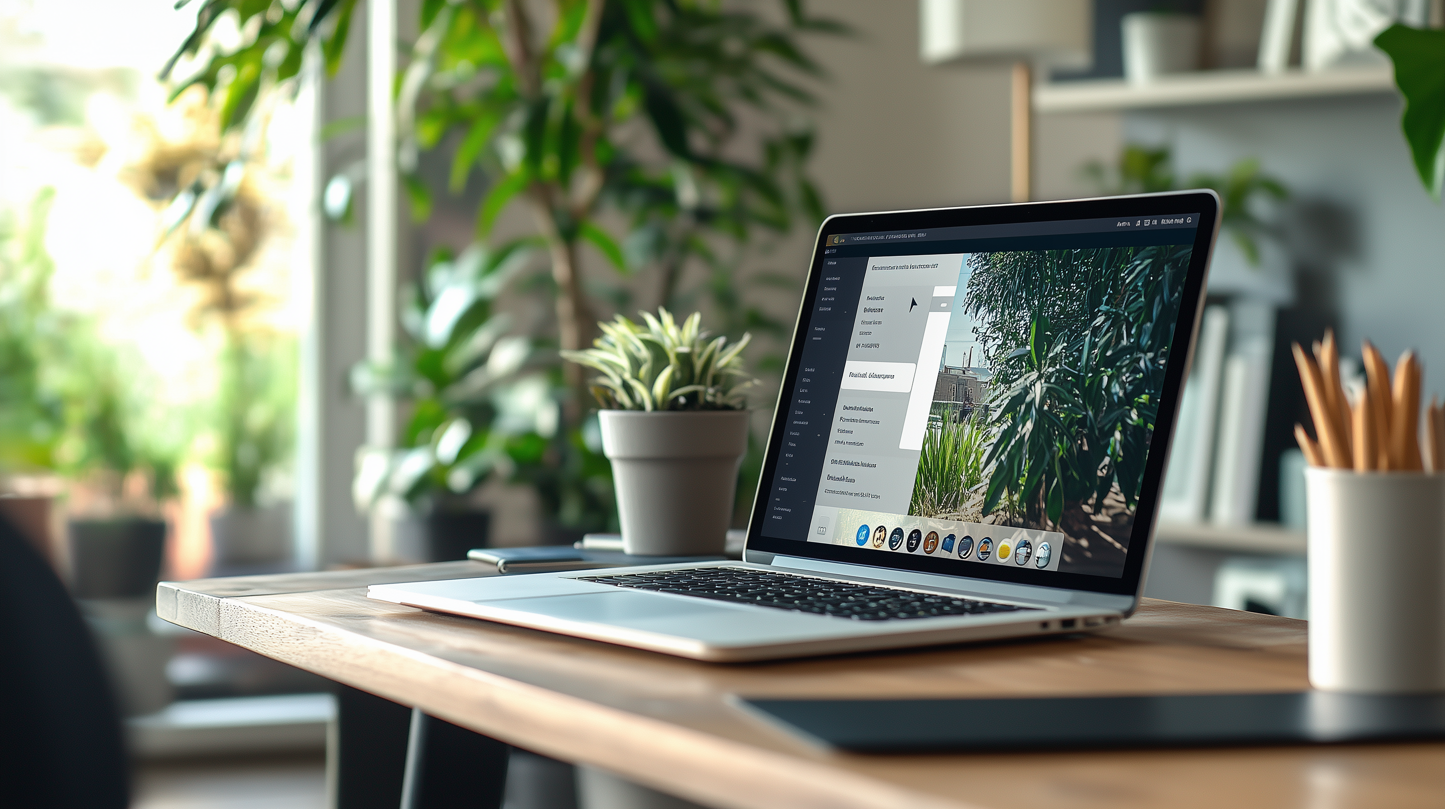 The image shows a laptop on a wooden desk in a bright, modern workspace. The laptop screen displays a photo editing application with an image of plants. There are potted plants on the desk and in the background, along with a container of pencils. The setting is well-lit with natural light coming from a window.