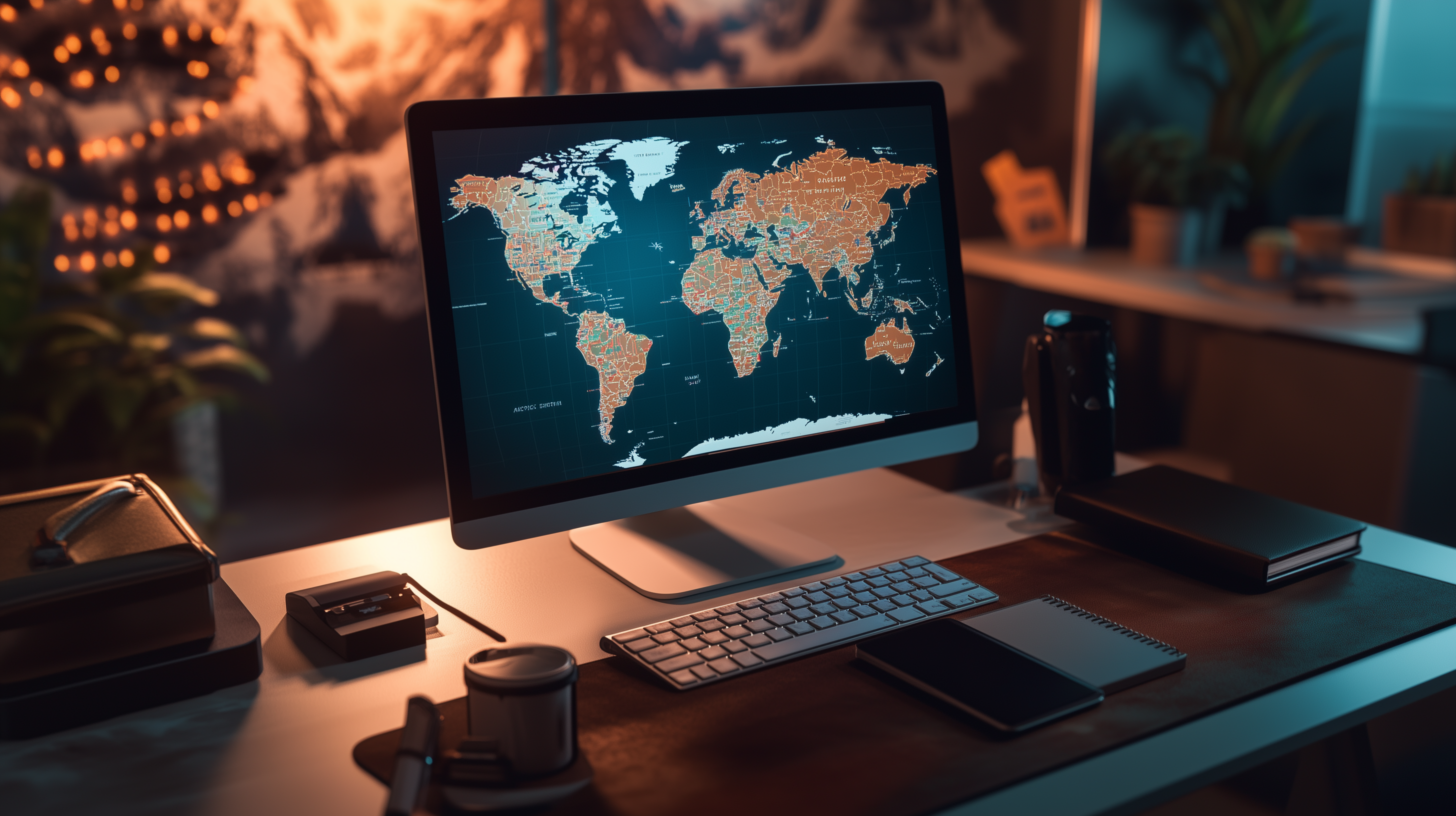A computer monitor on a desk displays a world map with highlighted regions. The desk also holds a keyboard, a notebook, a smartphone, a mug, and a few other office items. The background features a blurred wall with decorative lights and plants, creating a cozy atmosphere.