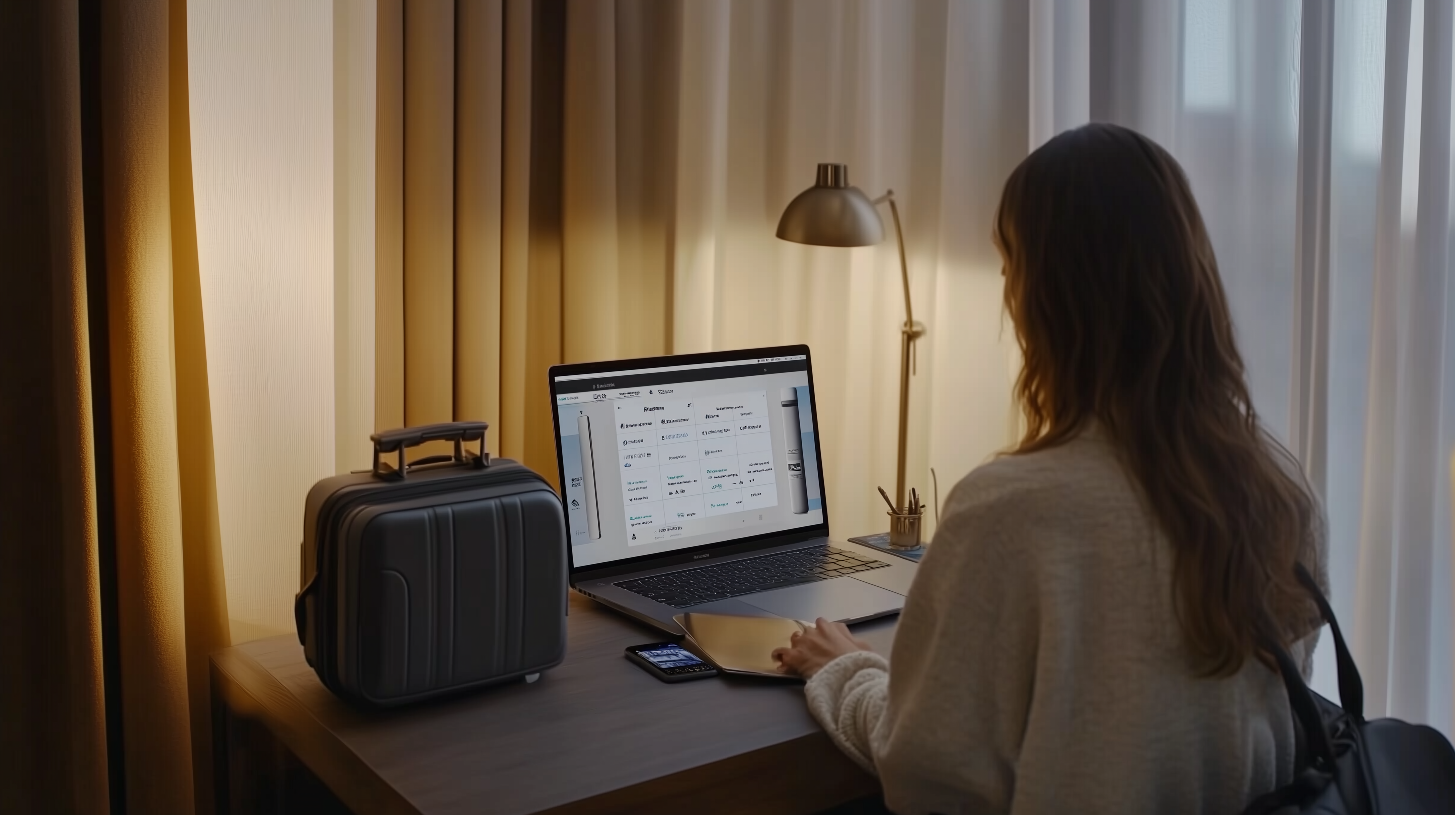 A person with long hair is sitting at a desk using a laptop. The screen displays a user interface with various options and data. Next to the laptop is a smartphone. A small suitcase is on the desk, and a lamp is positioned nearby. The room has curtains with soft lighting.